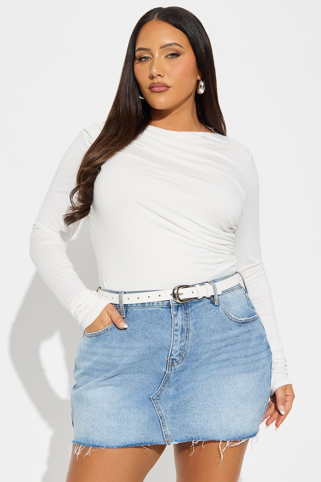 Kass Asymmetrical Long Sleeve Ruched Top - White