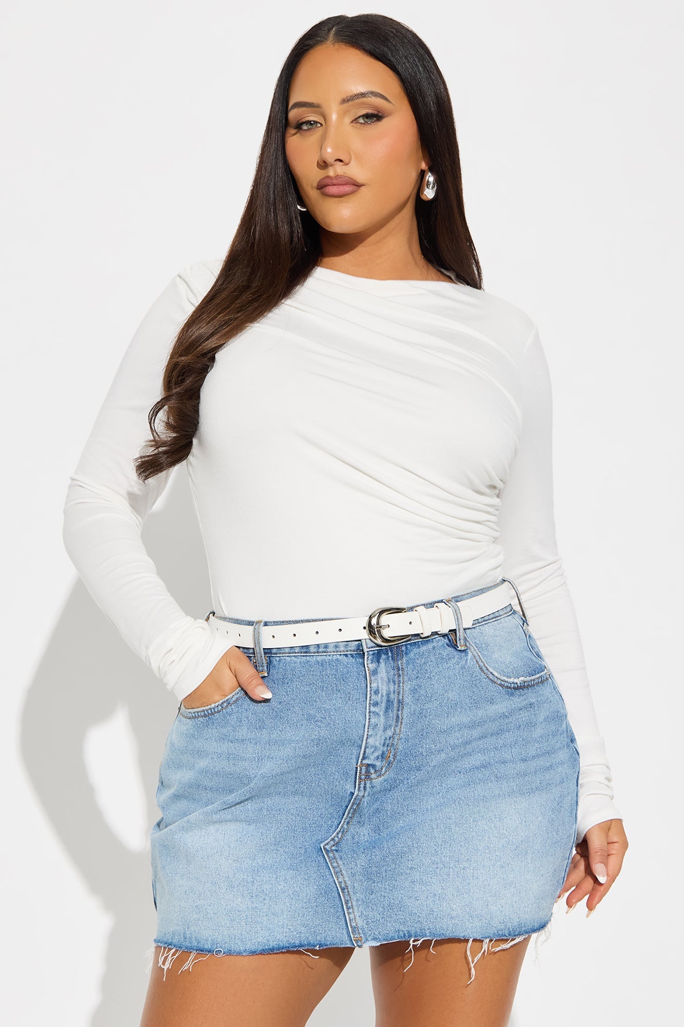 Kass Asymmetrical Long Sleeve Ruched Top - White