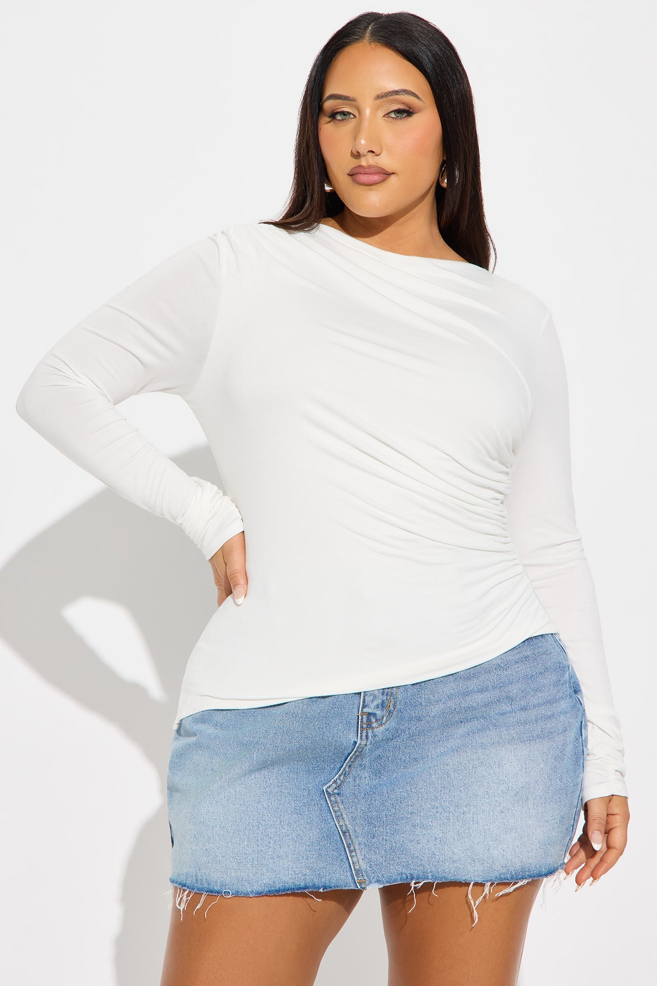 Kass Asymmetrical Long Sleeve Ruched Top - White