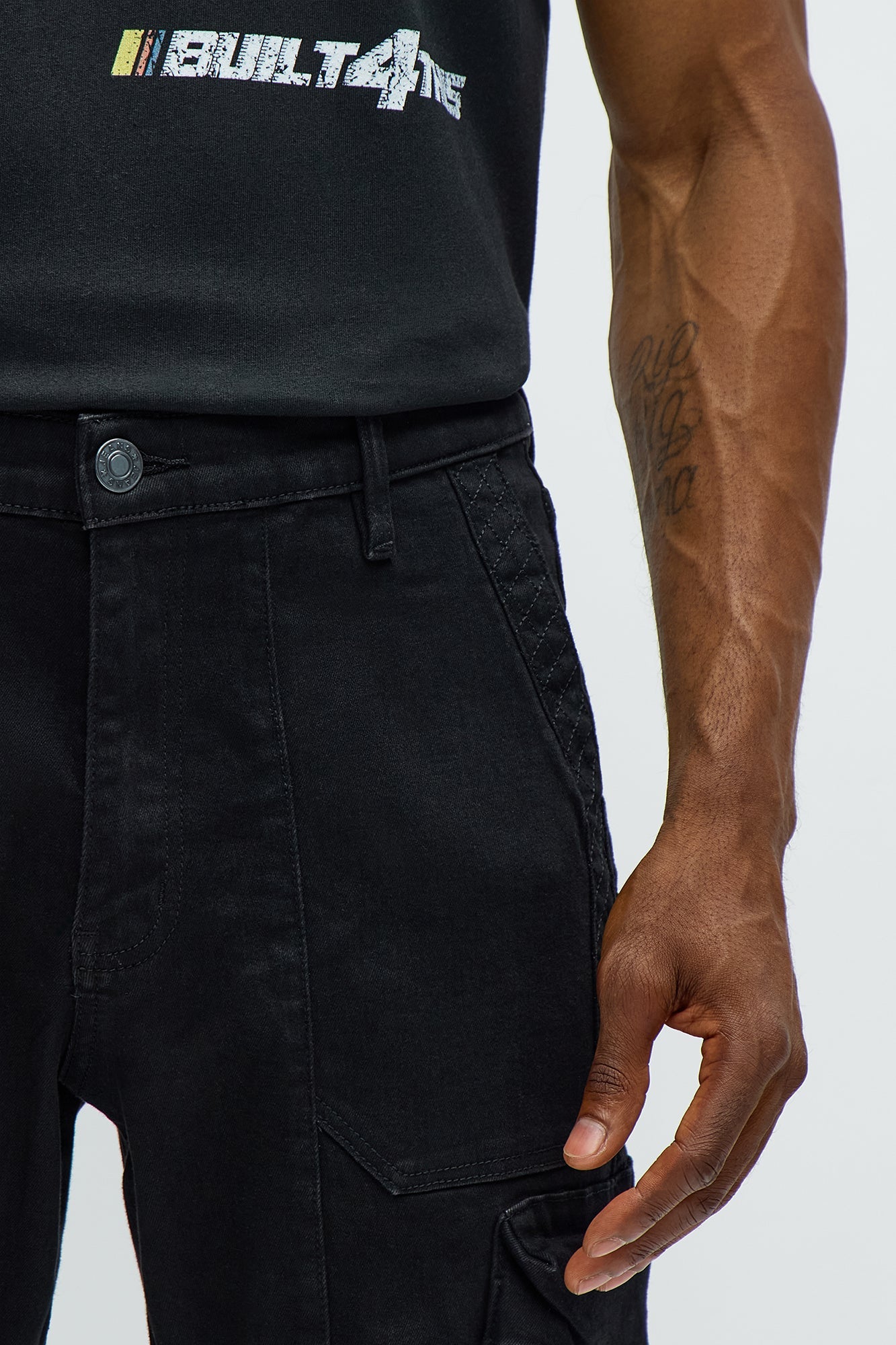 Stacked Slim Flare Rebel Stitch Cargo Jeans - Black