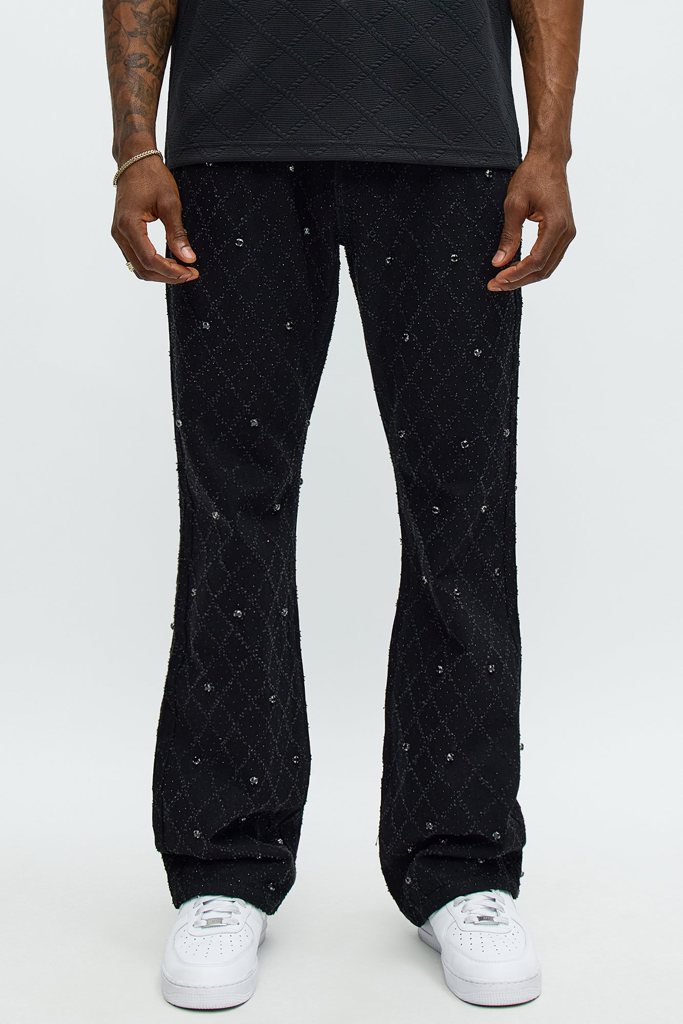 Stacked Slim Flare Wrecked In Jewels Jeans - Black