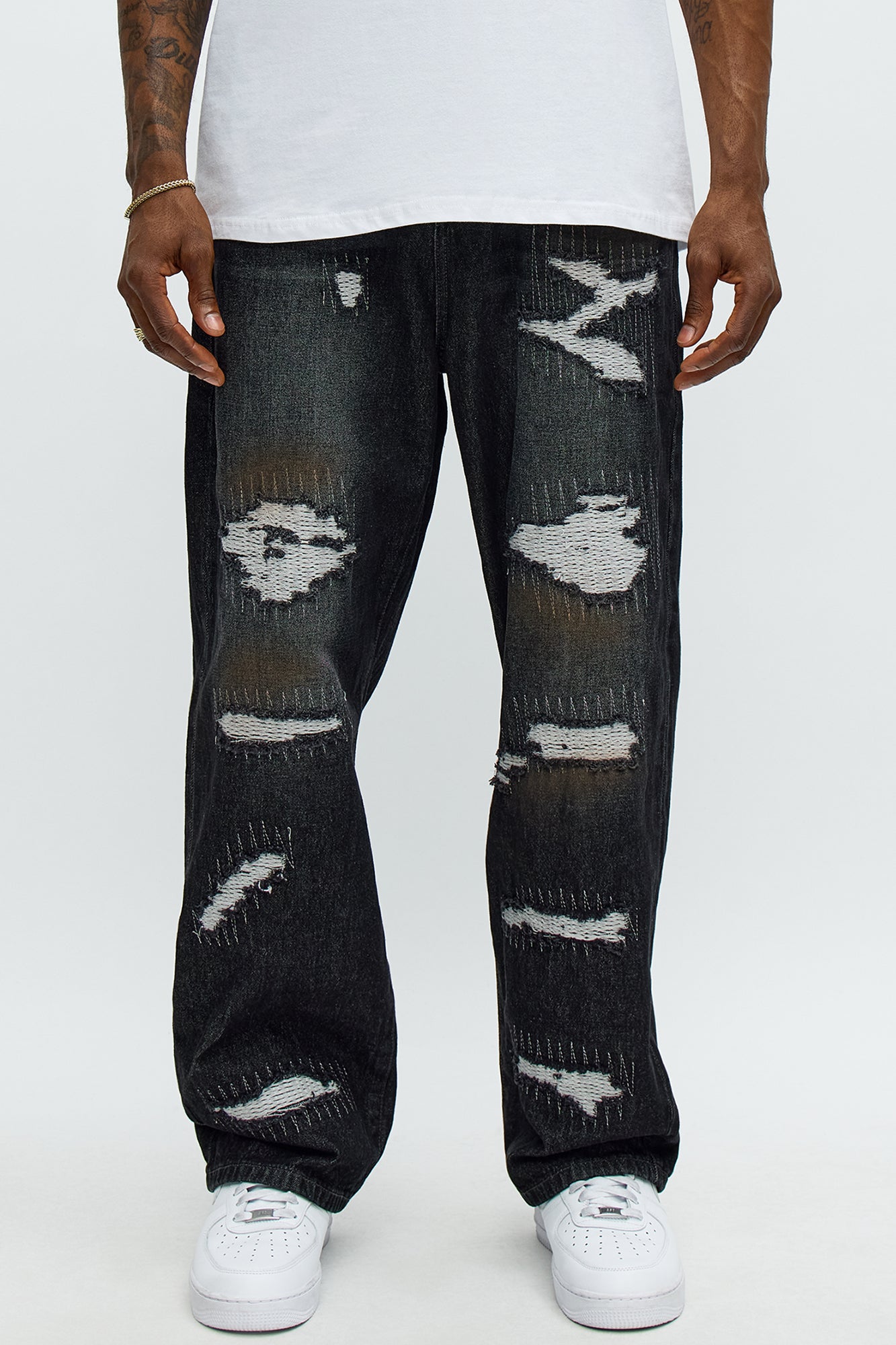 Baggy Vandal Stitch Distressed Jeans - Black Wash