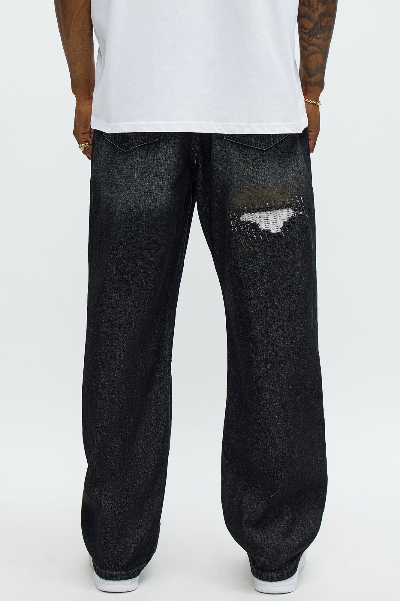 Baggy Vandal Stitch Distressed Jeans - Black Wash