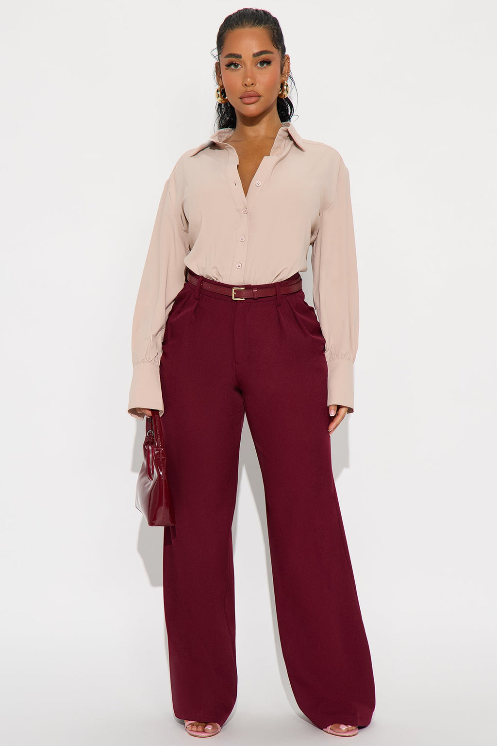 Claudia Belted Straight Leg Trouser Pant 33″ - Wine