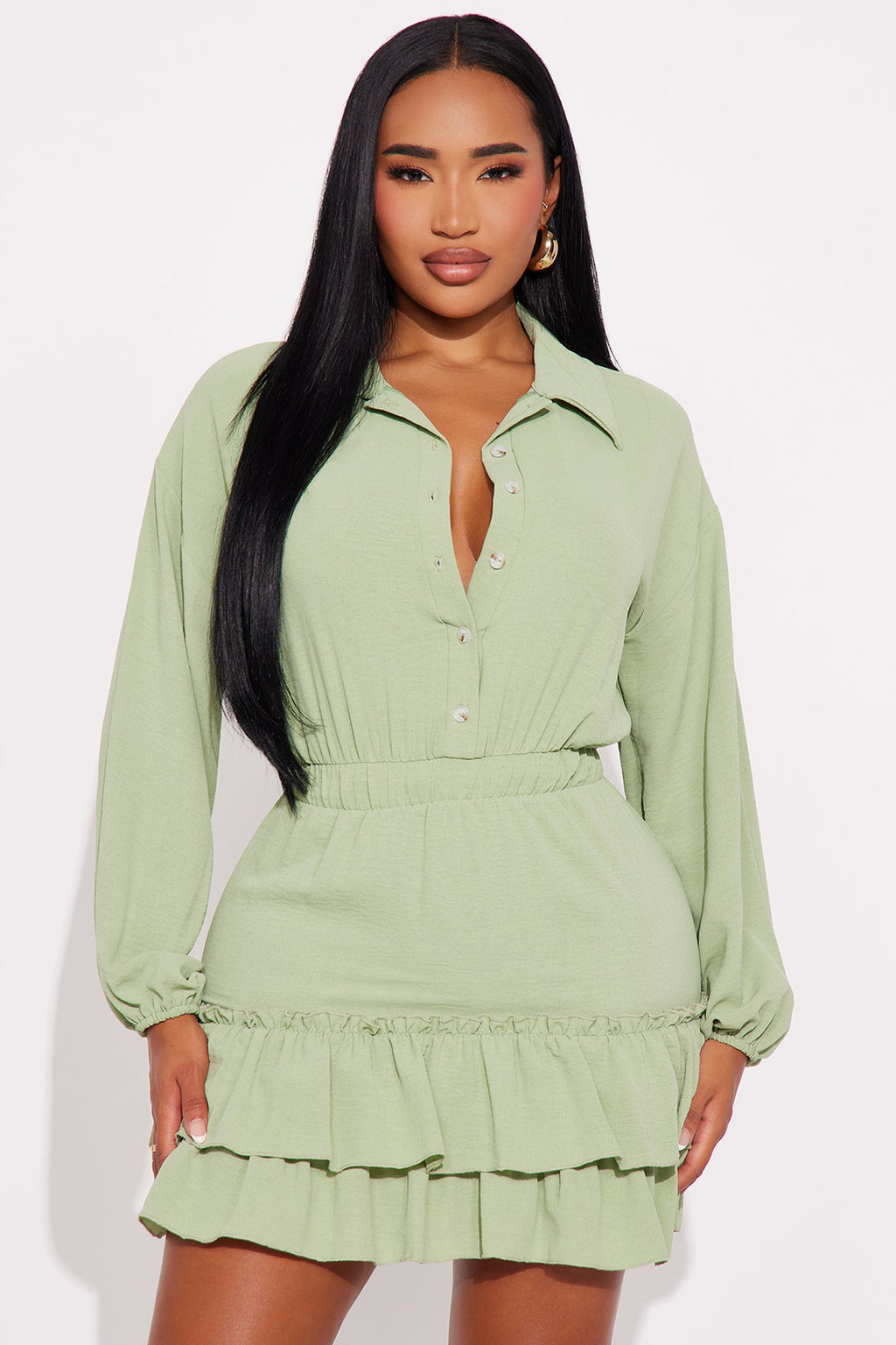 Trina Airflow Long Sleeve Mini Dress - Sage