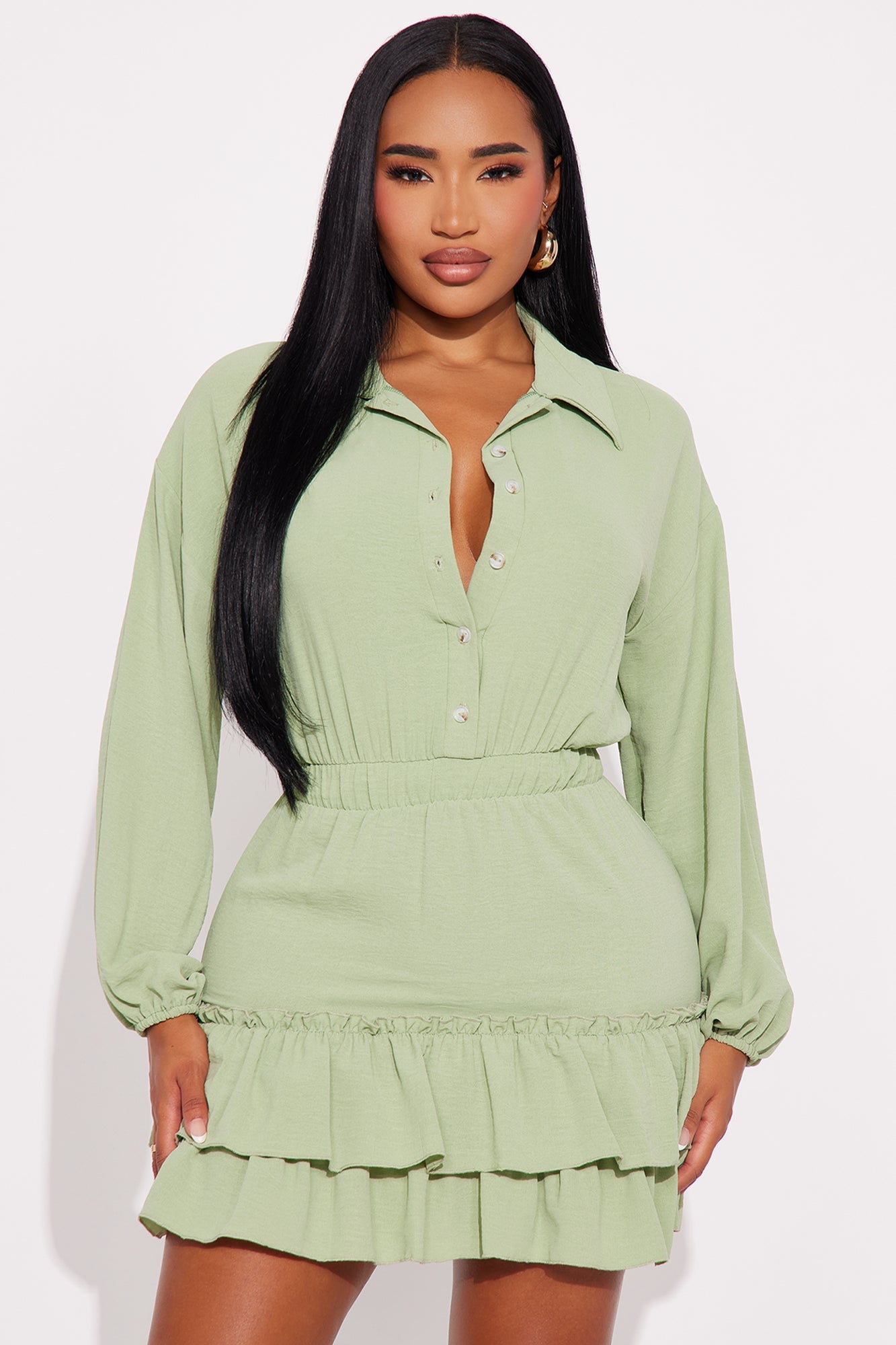 Trina Airflow Long Sleeve Mini Dress - Sage