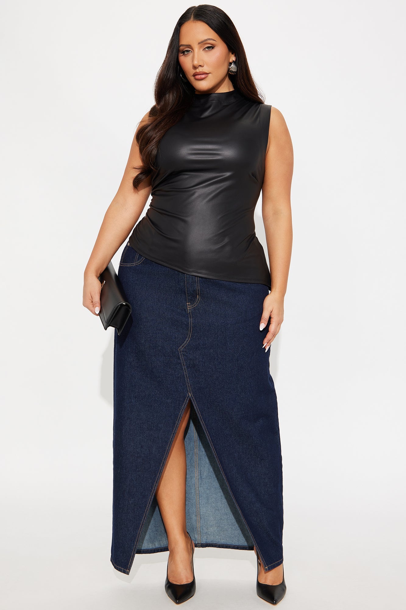 Never Ending Faux Leather Asymmetrical Mock Neck Top - Black