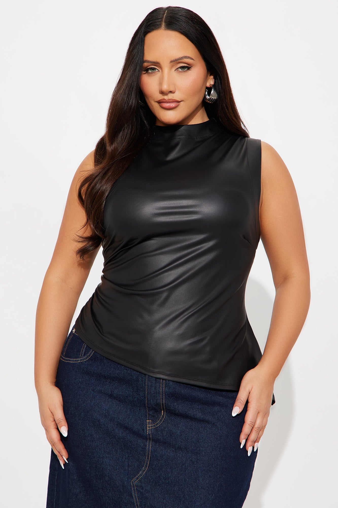 Never Ending Faux Leather Asymmetrical Mock Neck Top - Black