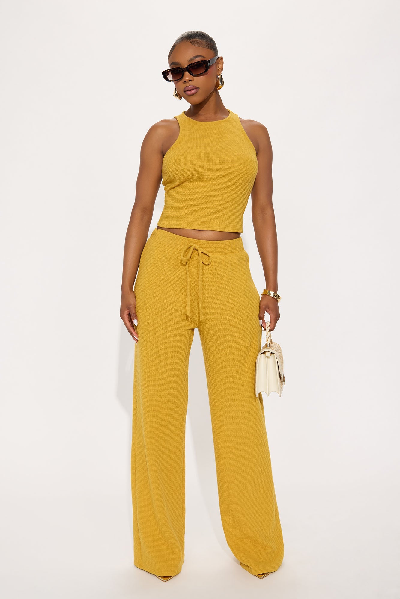 Alana Textured Wide Leg Pant Set - Mustard