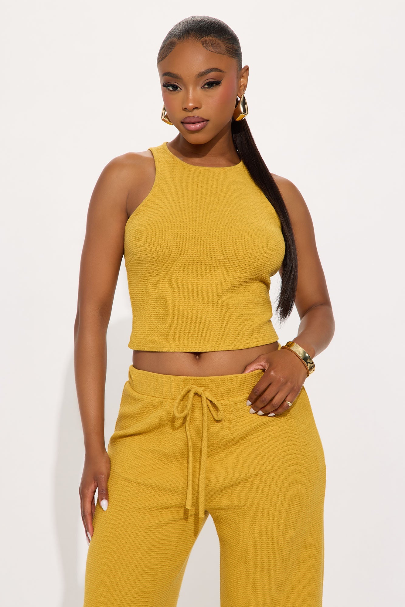 Alana Textured Wide Leg Pant Set - Mustard