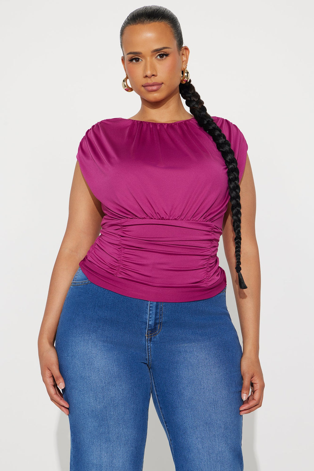 Vespera High Neck Ruched Top - Plum