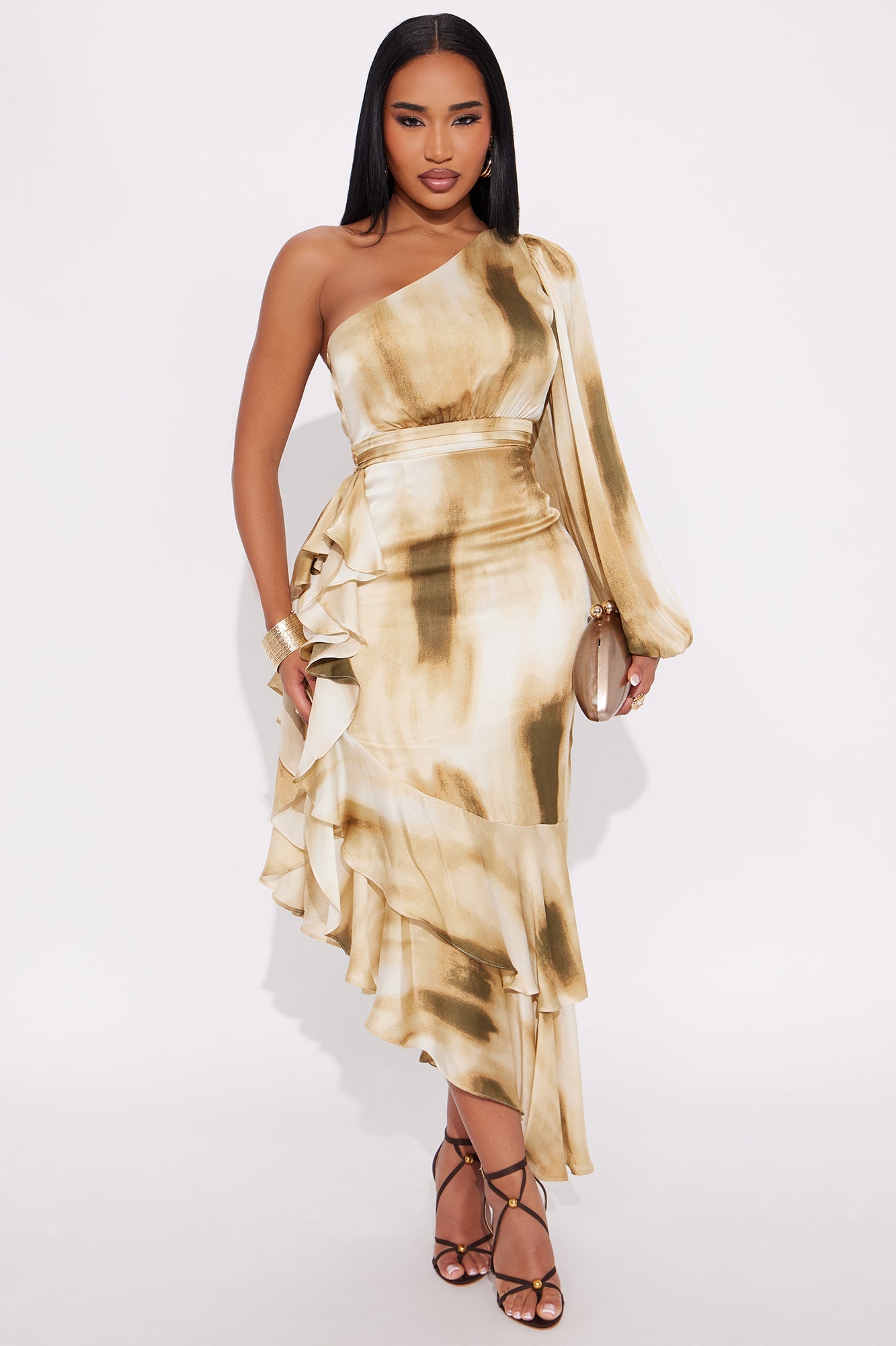 Selene One Shoulder Satin Maxi Dress - Mustard/combo