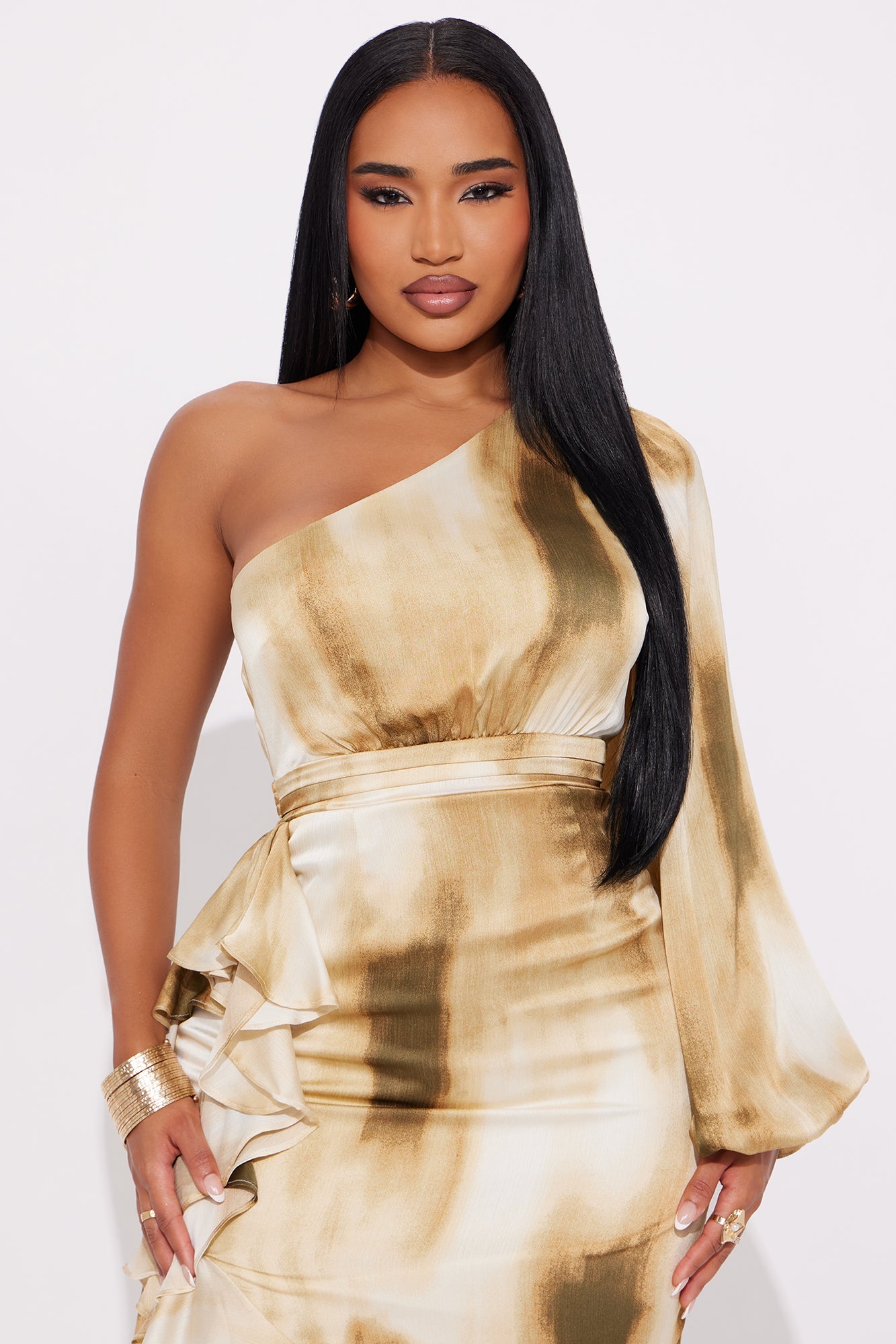 Selene One Shoulder Satin Maxi Dress - Mustard/combo