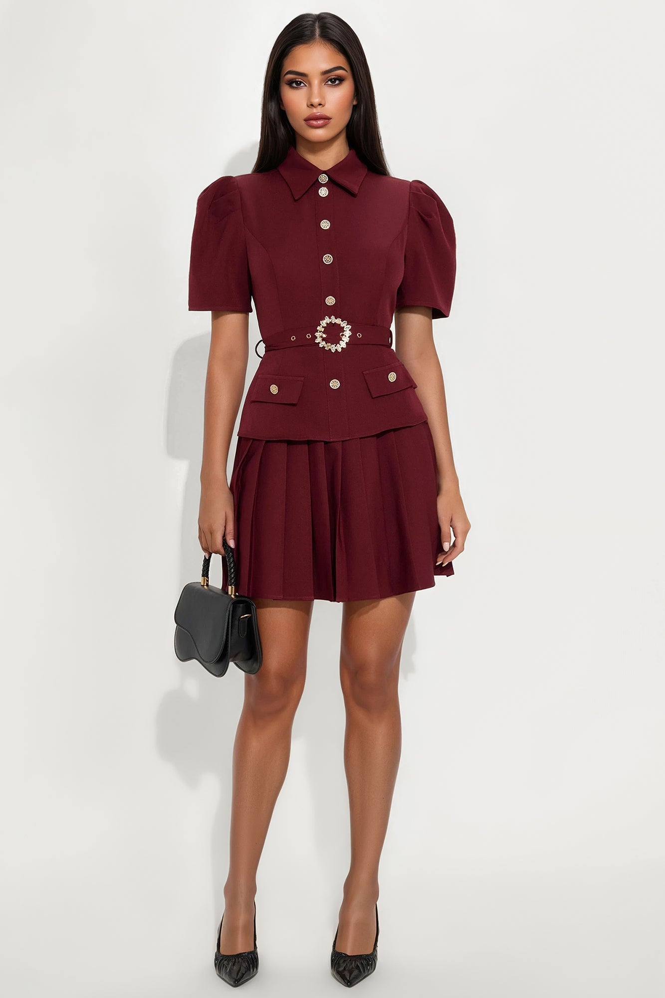 Nadia Belted Pleated Mini Dress - Wine