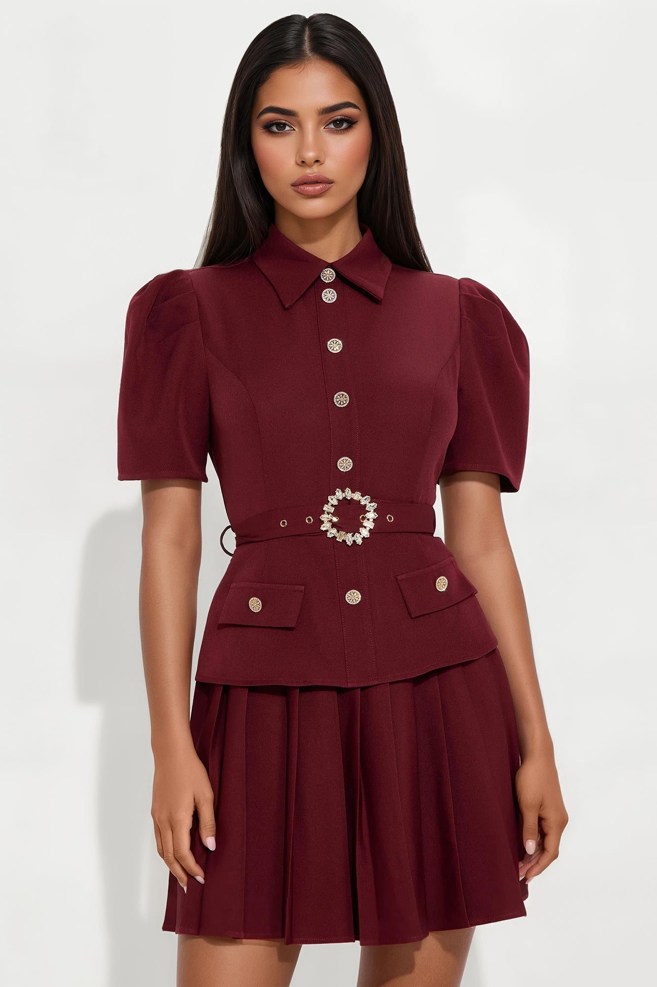 Nadia Belted Pleated Mini Dress - Wine