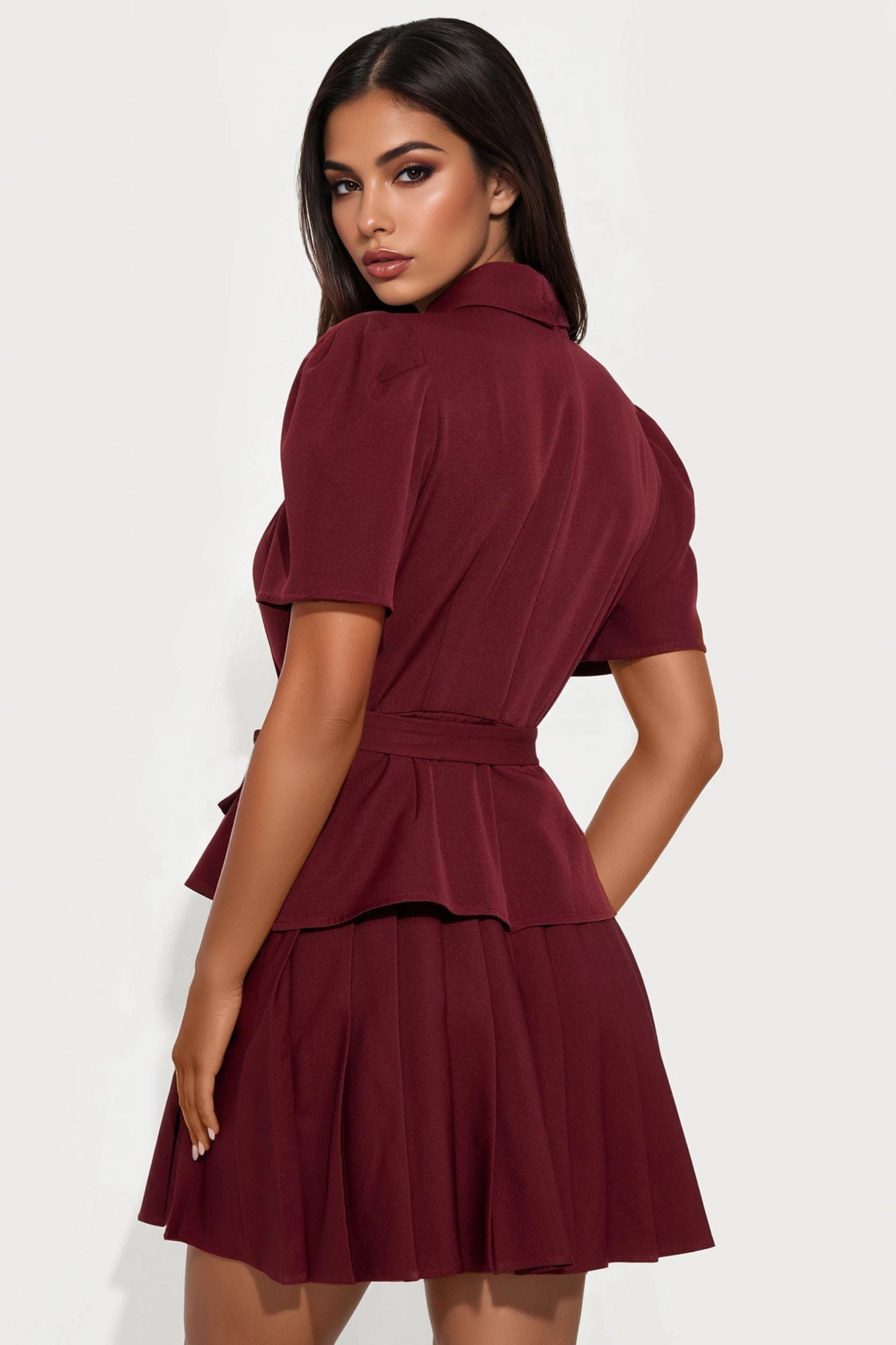 Nadia Belted Pleated Mini Dress - Wine