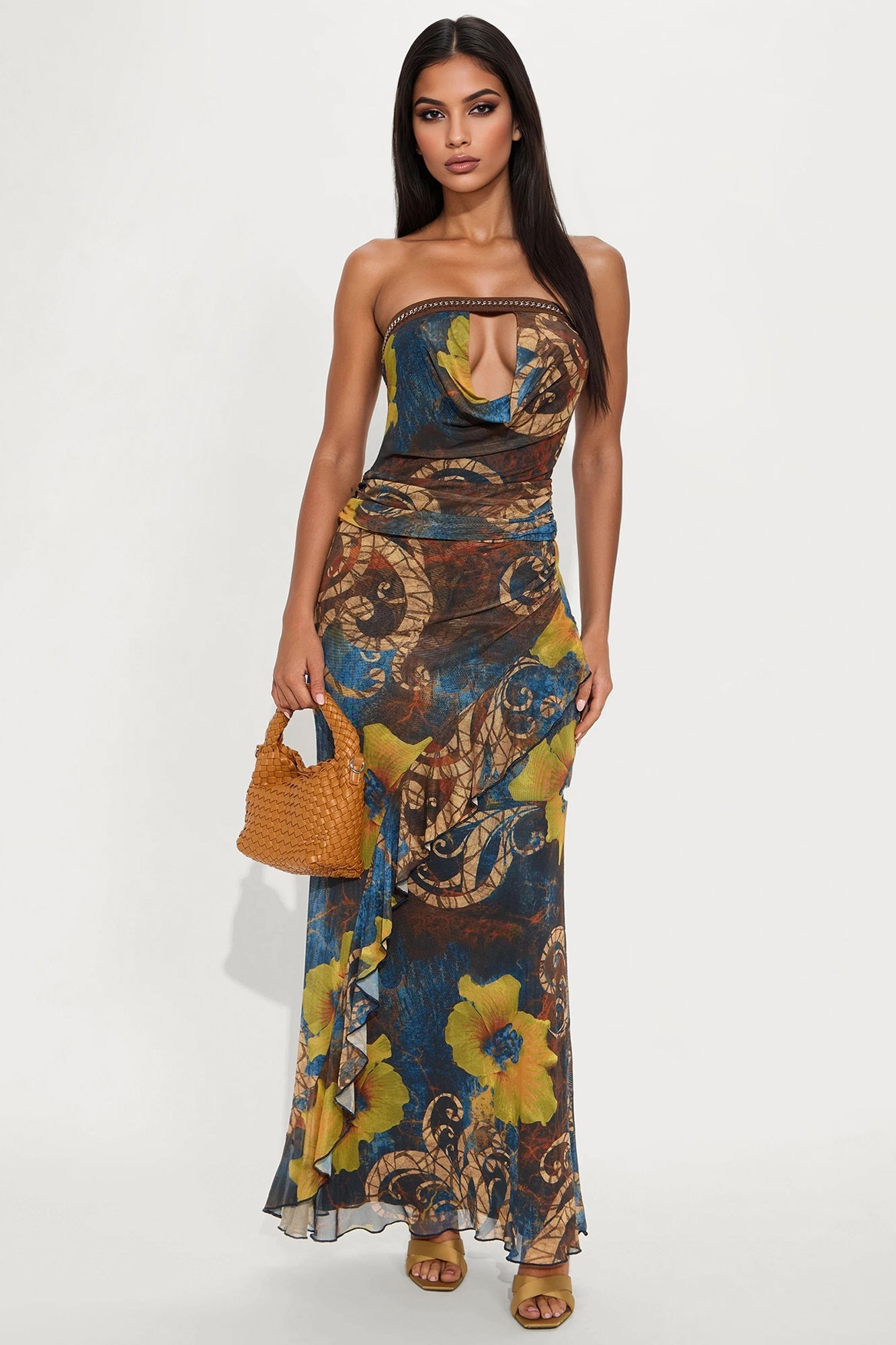 Hallie Floral Mesh Cowl Neck Maxi Dress - Blue/combo