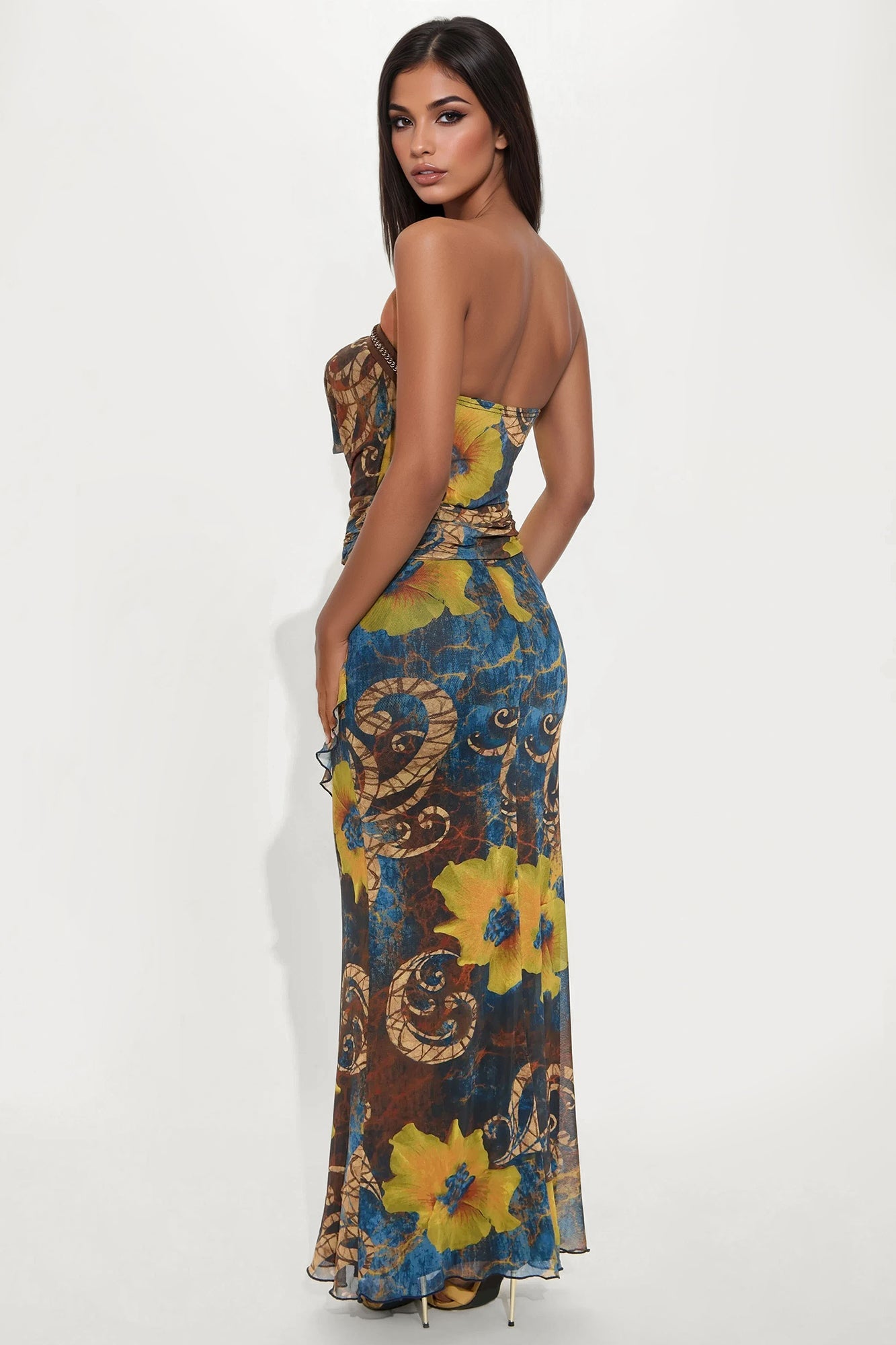 Hallie Floral Mesh Cowl Neck Maxi Dress - Blue/combo