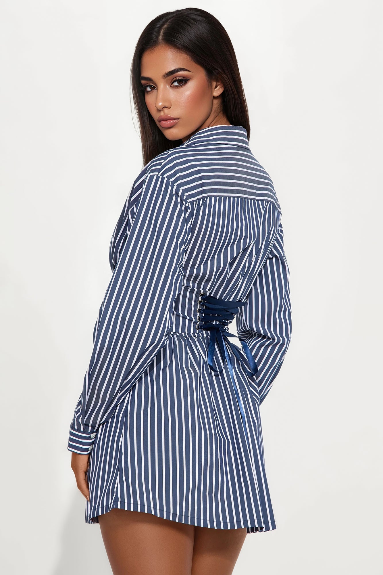 Carly Collar Pinstripe Shirt Mini Dress - Navy
