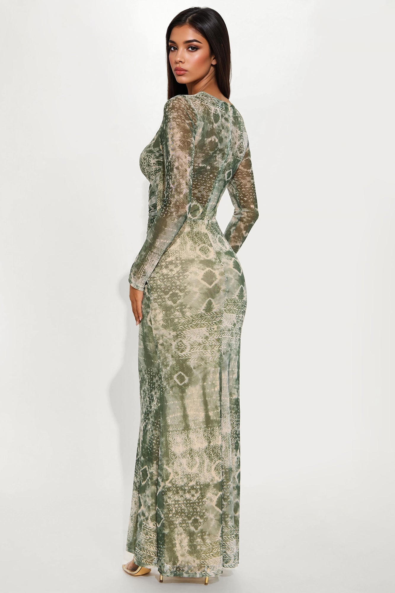 Lydia Cut Out Mesh Maxi Dress - Green/combo