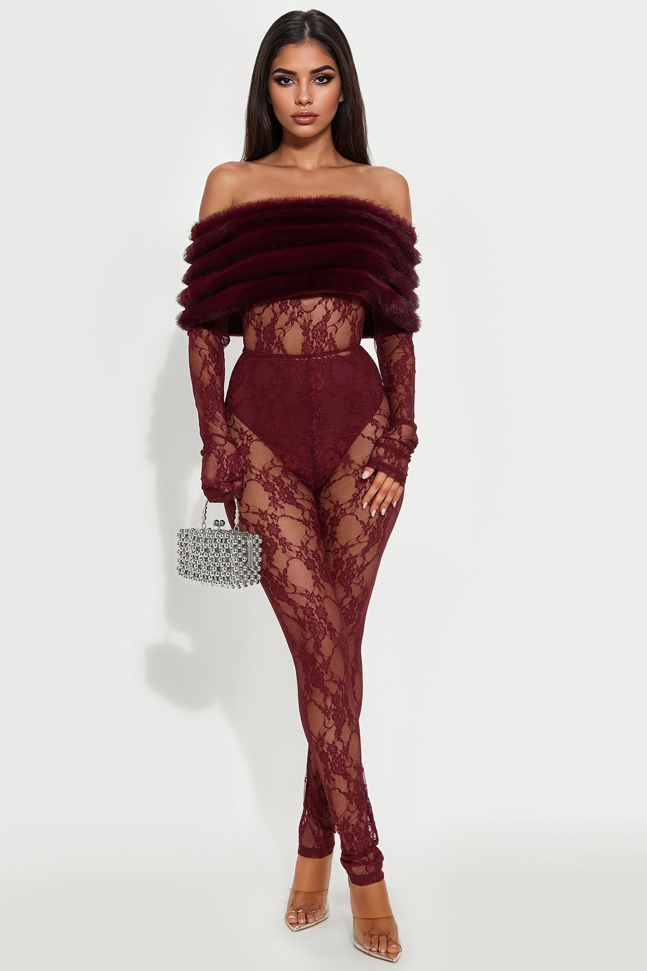 Alexa Lace Off Shoulder Faux Fur Jumpsuit - Burgundy