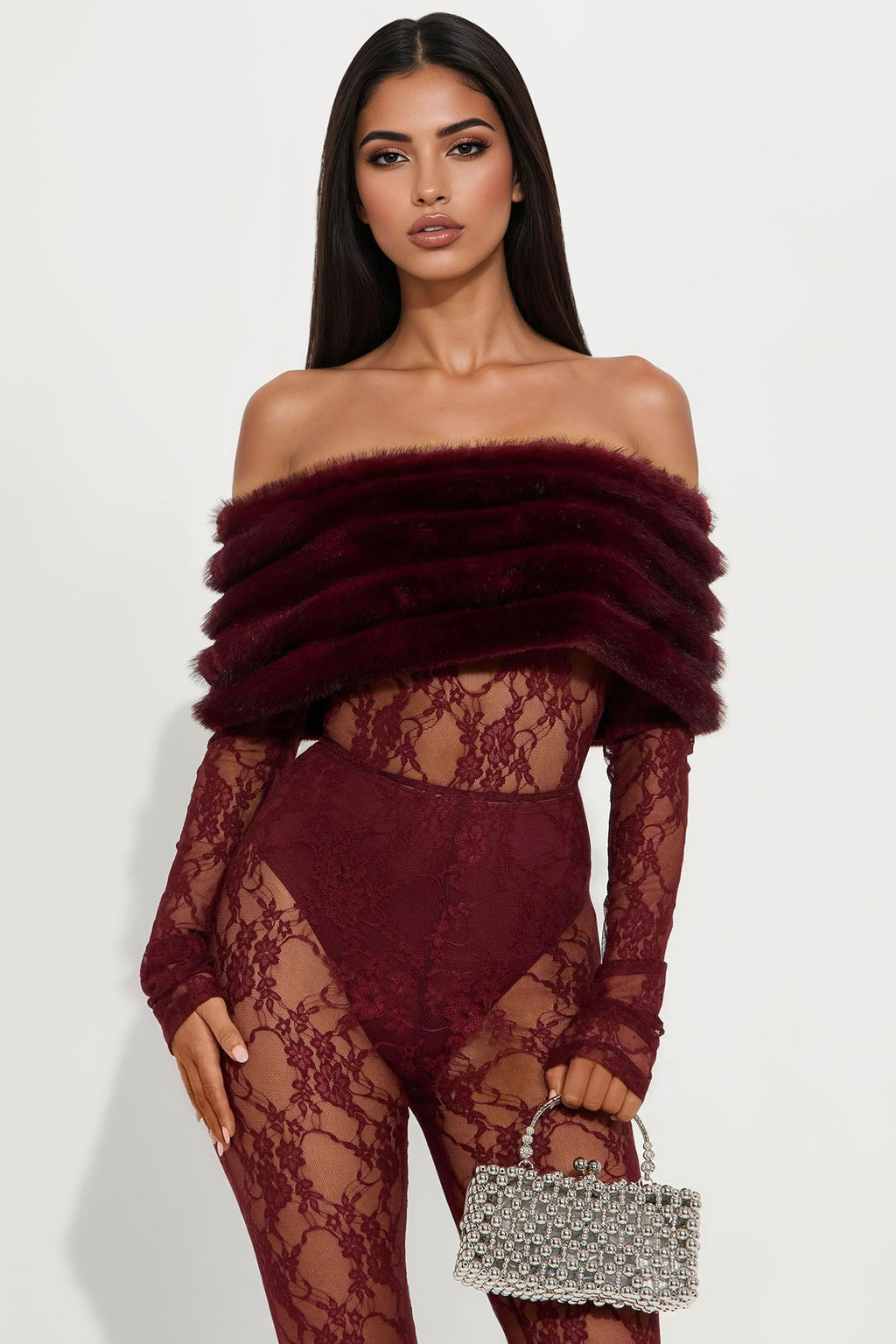 Alexa Lace Off Shoulder Faux Fur Jumpsuit - Burgundy