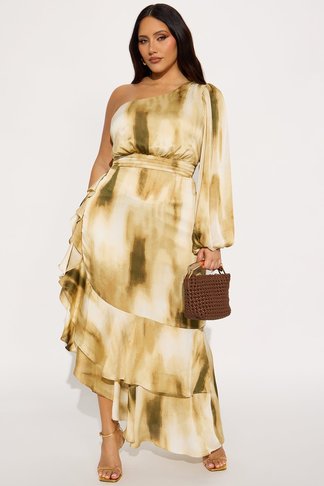 Selene One Shoulder Satin Maxi Dress - Mustard/combo