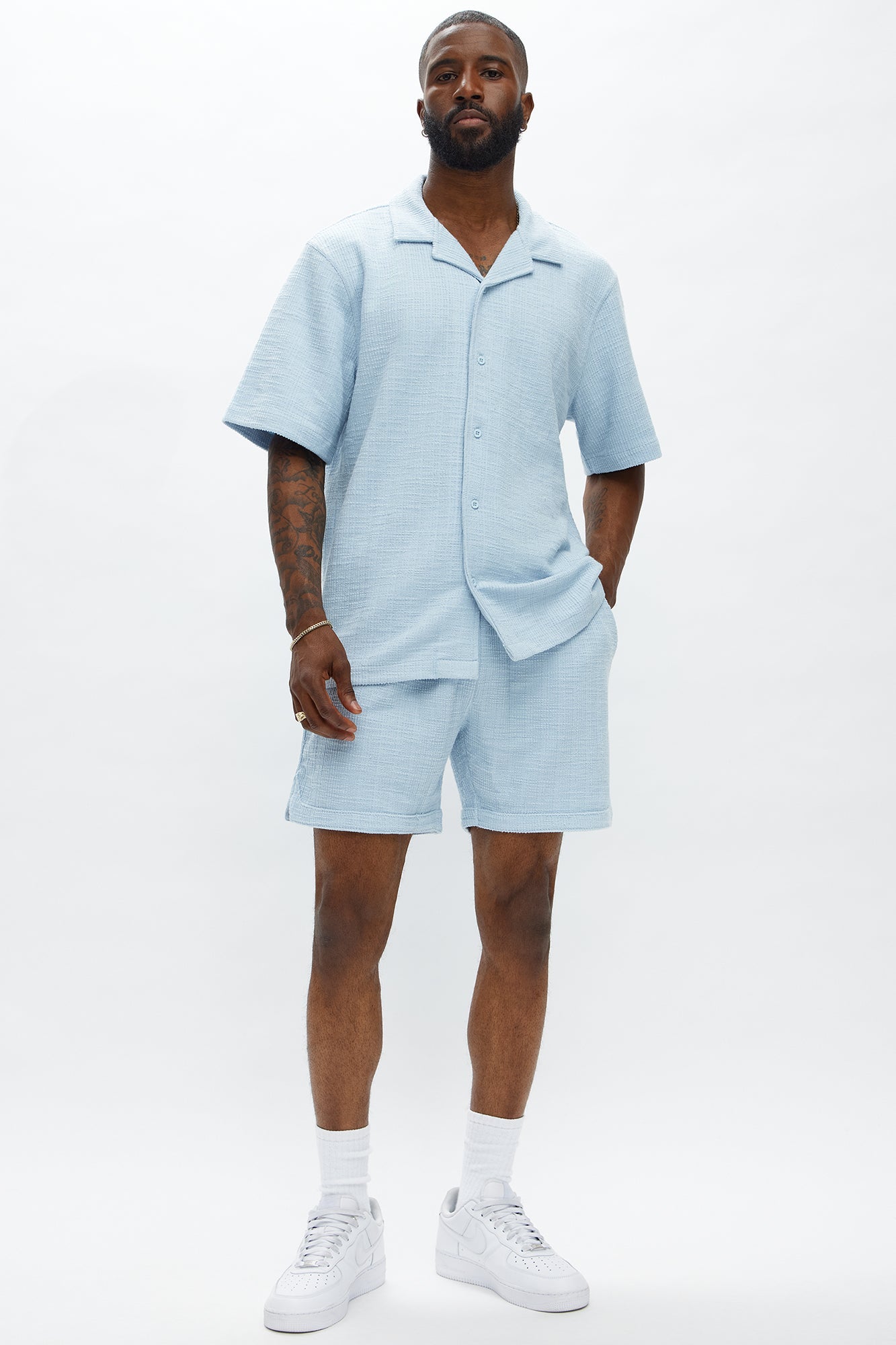 Dean Textured Short Sleeve Button Up Shirt - Light Blue
