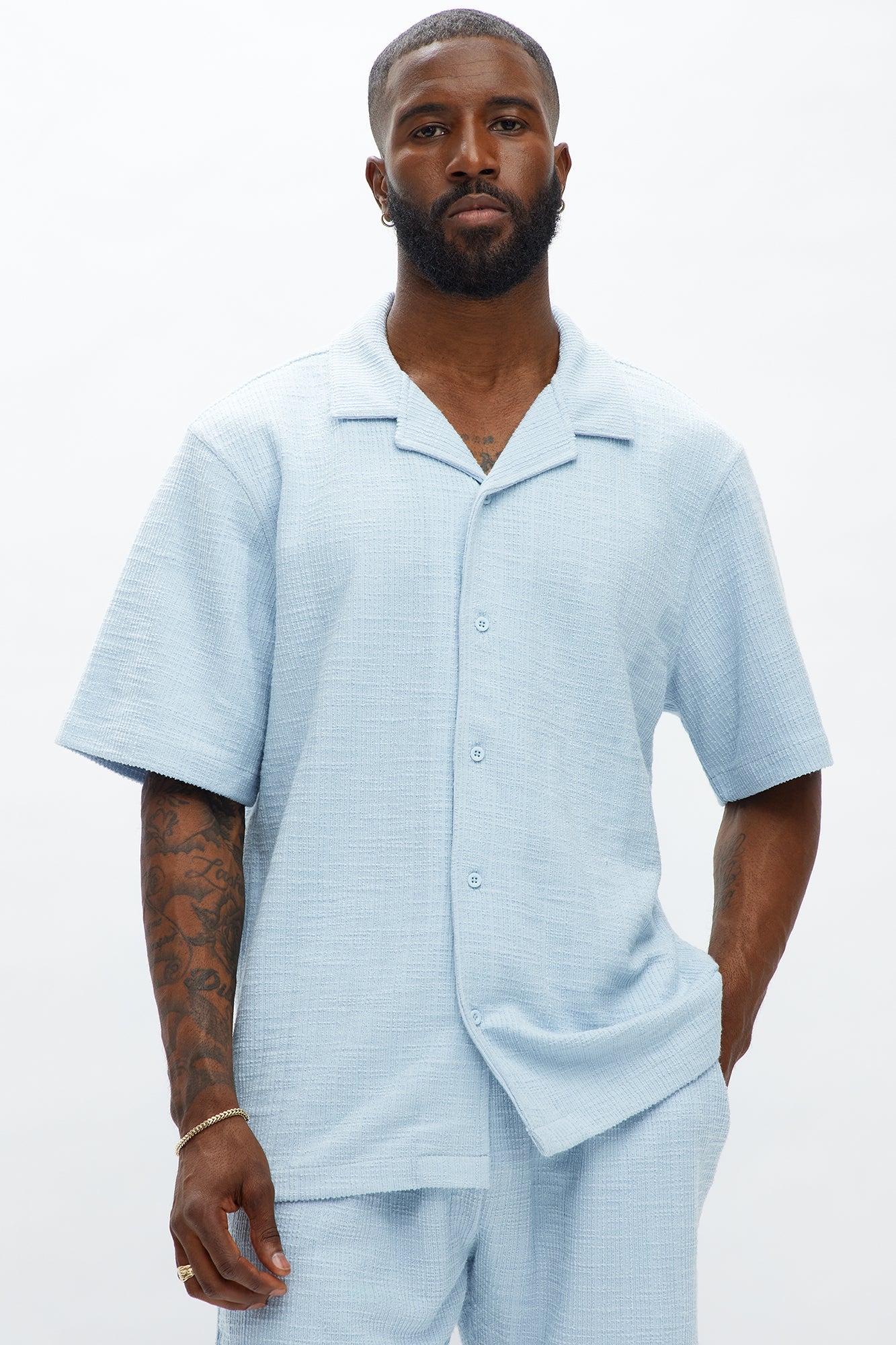 Dean Textured Short Sleeve Button Up Shirt - Light Blue