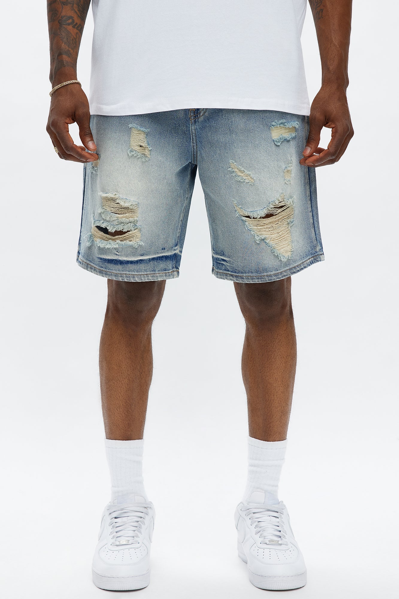 Relaxed Wish You Could Distressed Denim Shorts - Medium Blue Wash