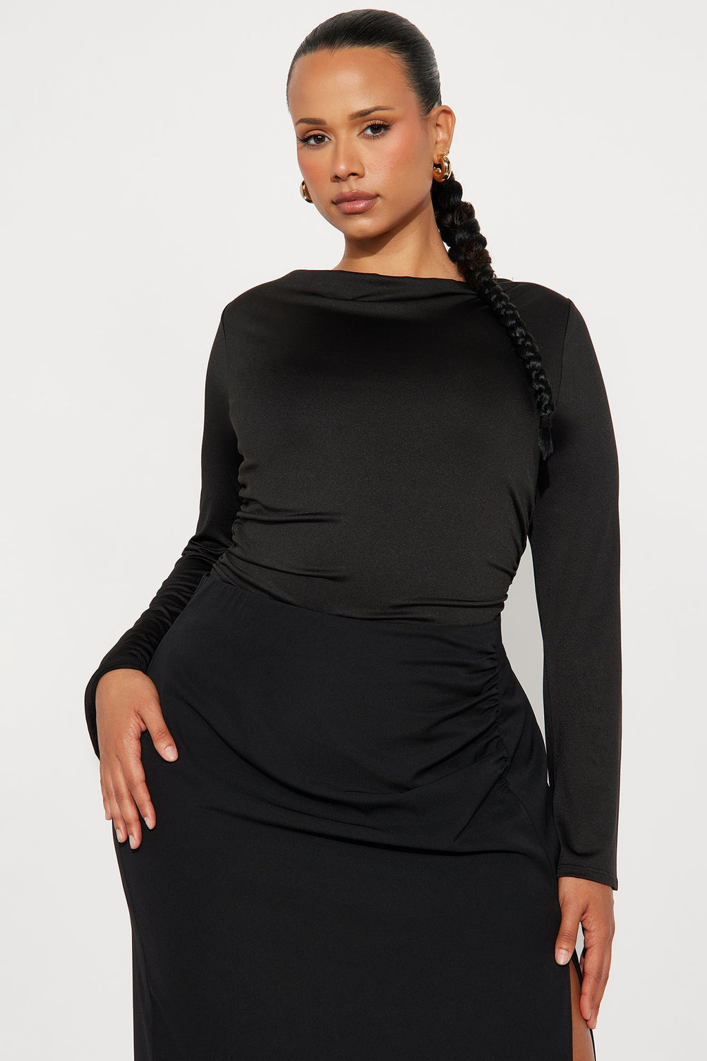 Edna Cowled Back Boat Neck Bodysuit - Black