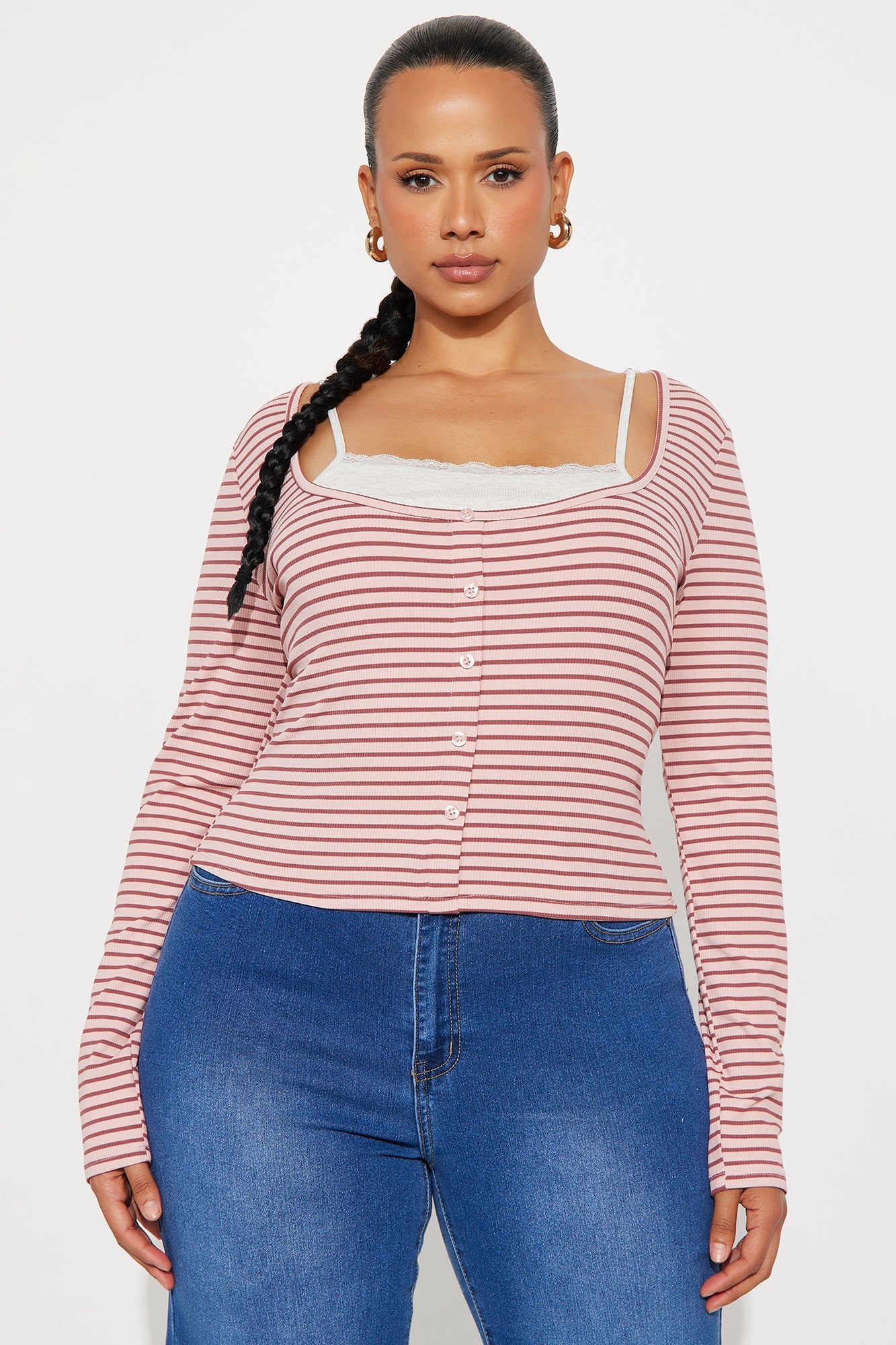 Channa Striped Ribbed Long Sleeve Top - Mauve/combo