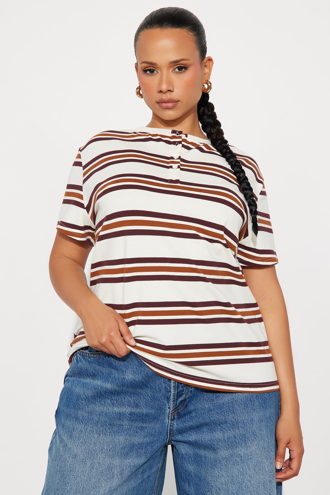 Demi Short Sleeve Henley Top - Brown/combo