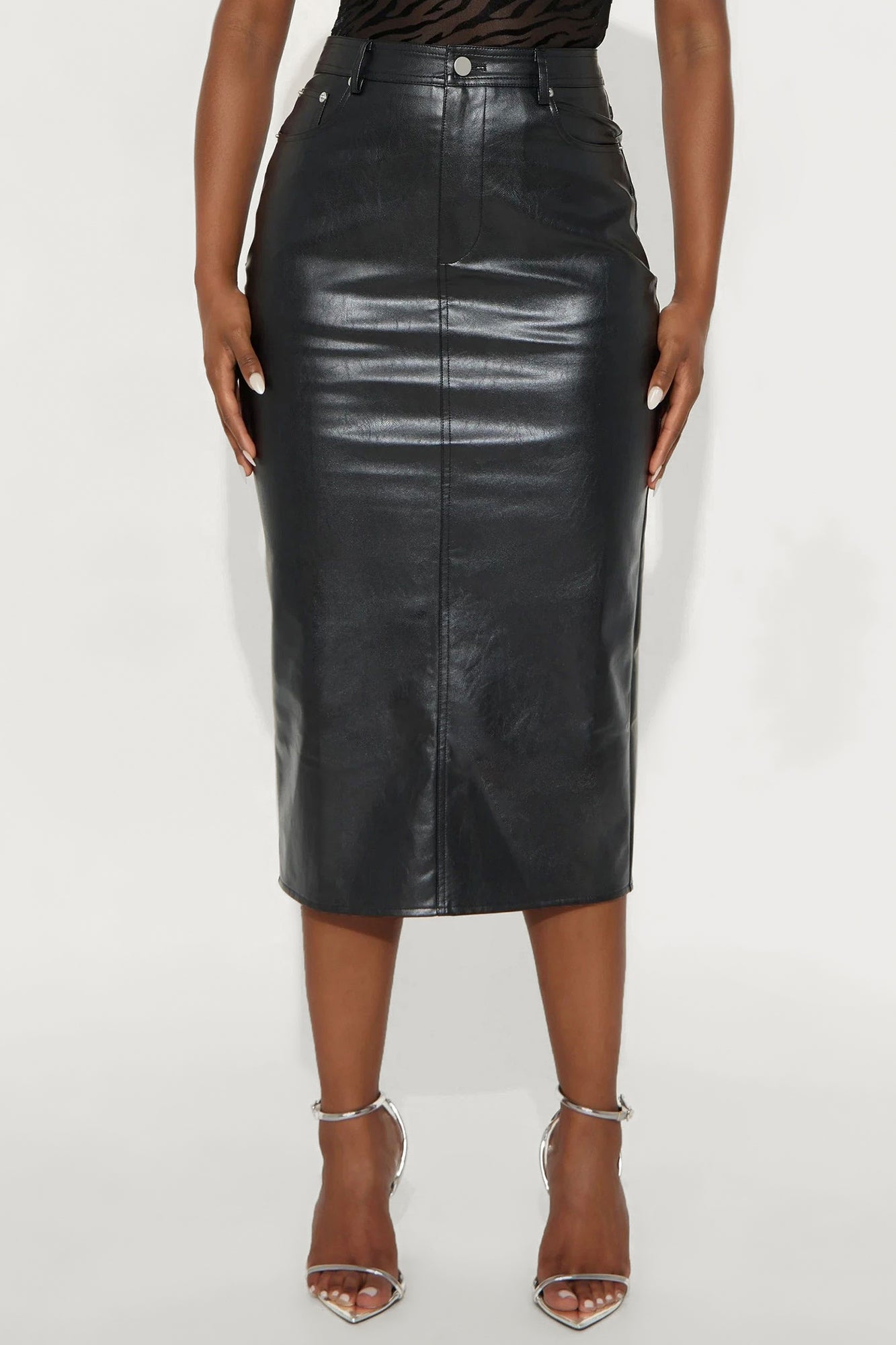 Samira Faux Leather Midi Skirt - Black