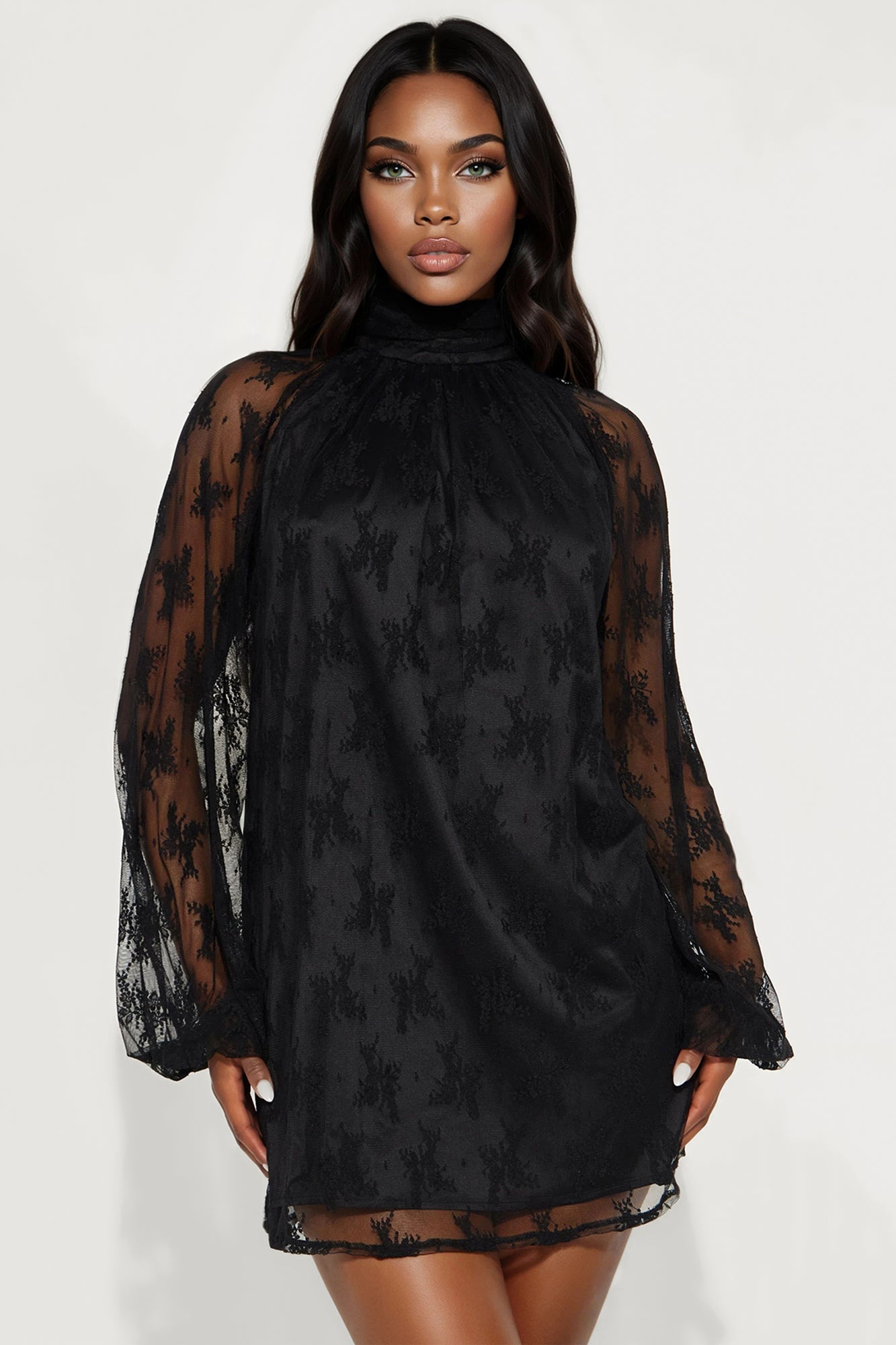 Maya Lace Long Sleeve Mini Dress - Black
