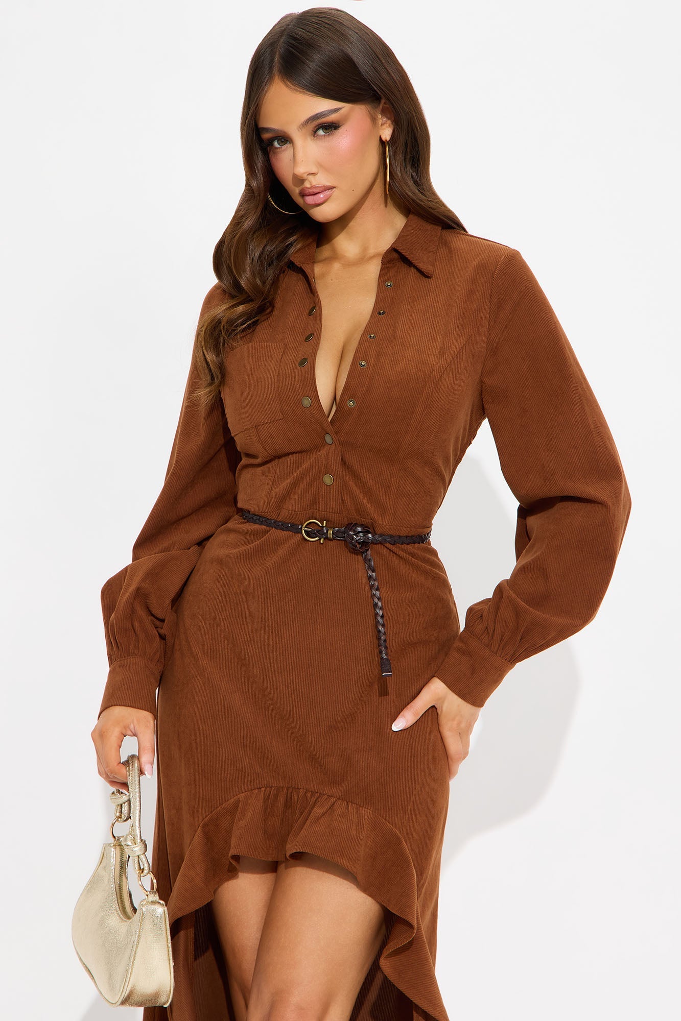 Jessie Corduroy Belted High Low Maxi Dress - Brown