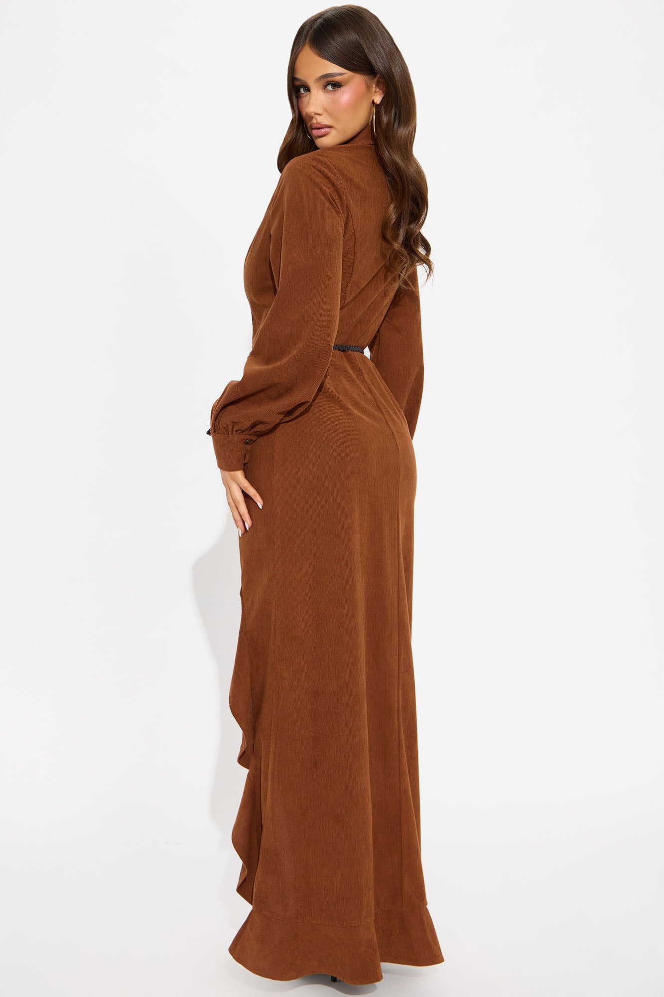 Jessie Corduroy Belted High Low Maxi Dress - Brown