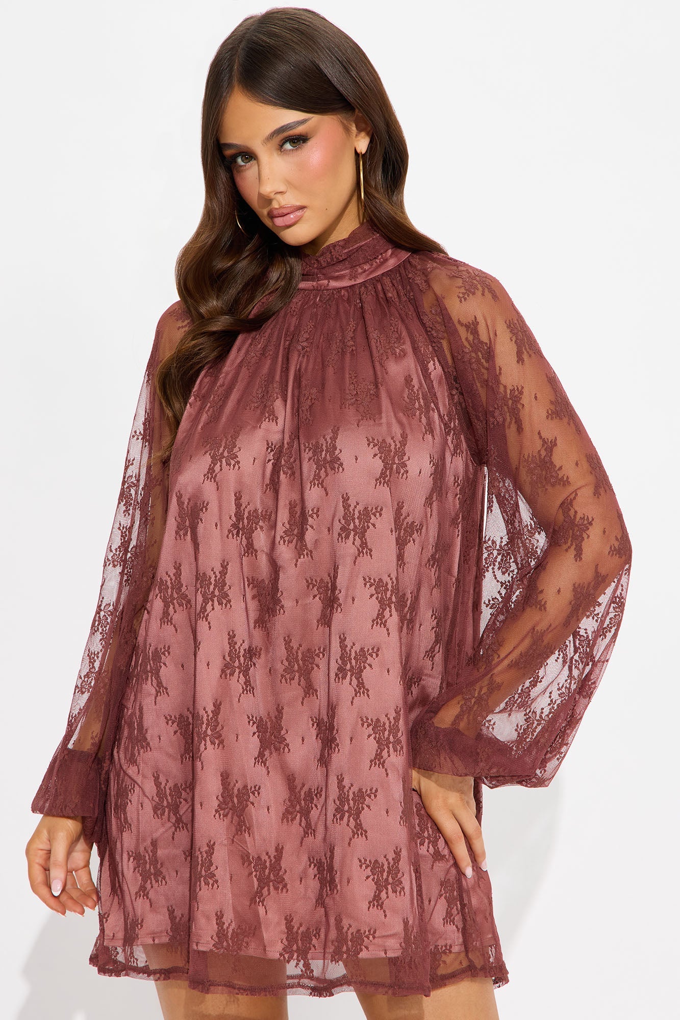 Maya Lace Long Sleeve Mini Dress - Rust