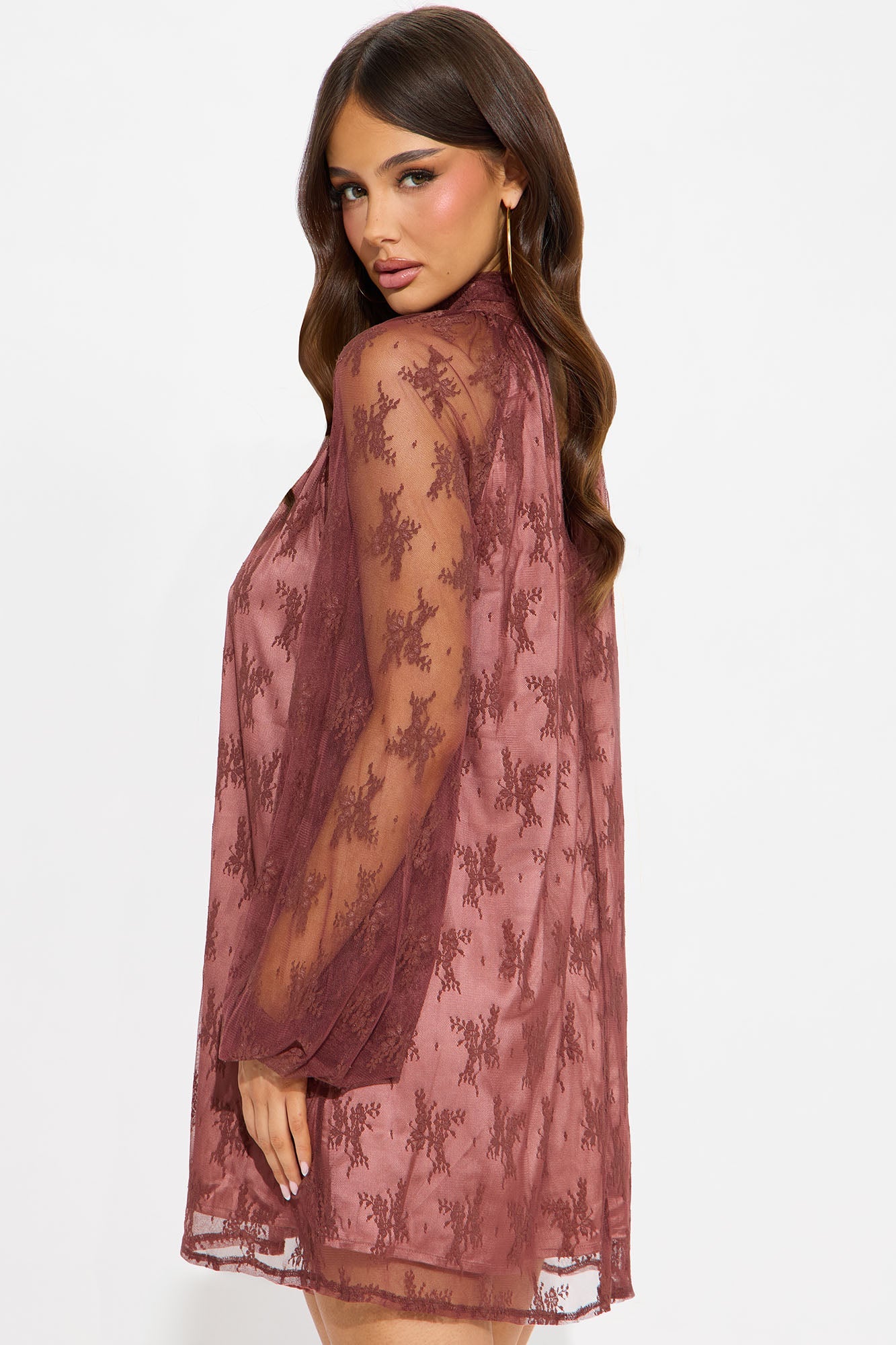 Maya Lace Long Sleeve Mini Dress - Rust