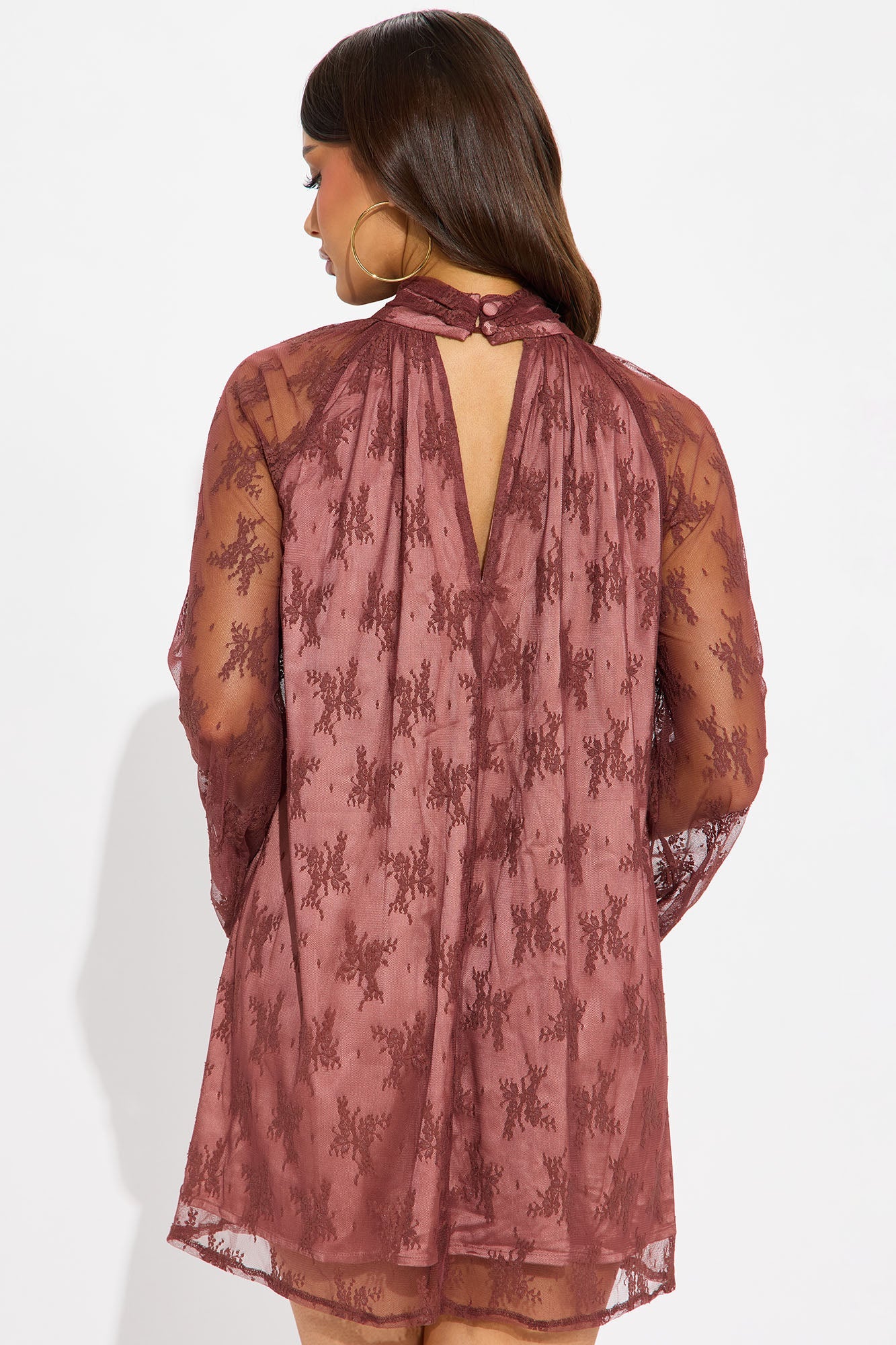 Maya Lace Long Sleeve Mini Dress - Rust