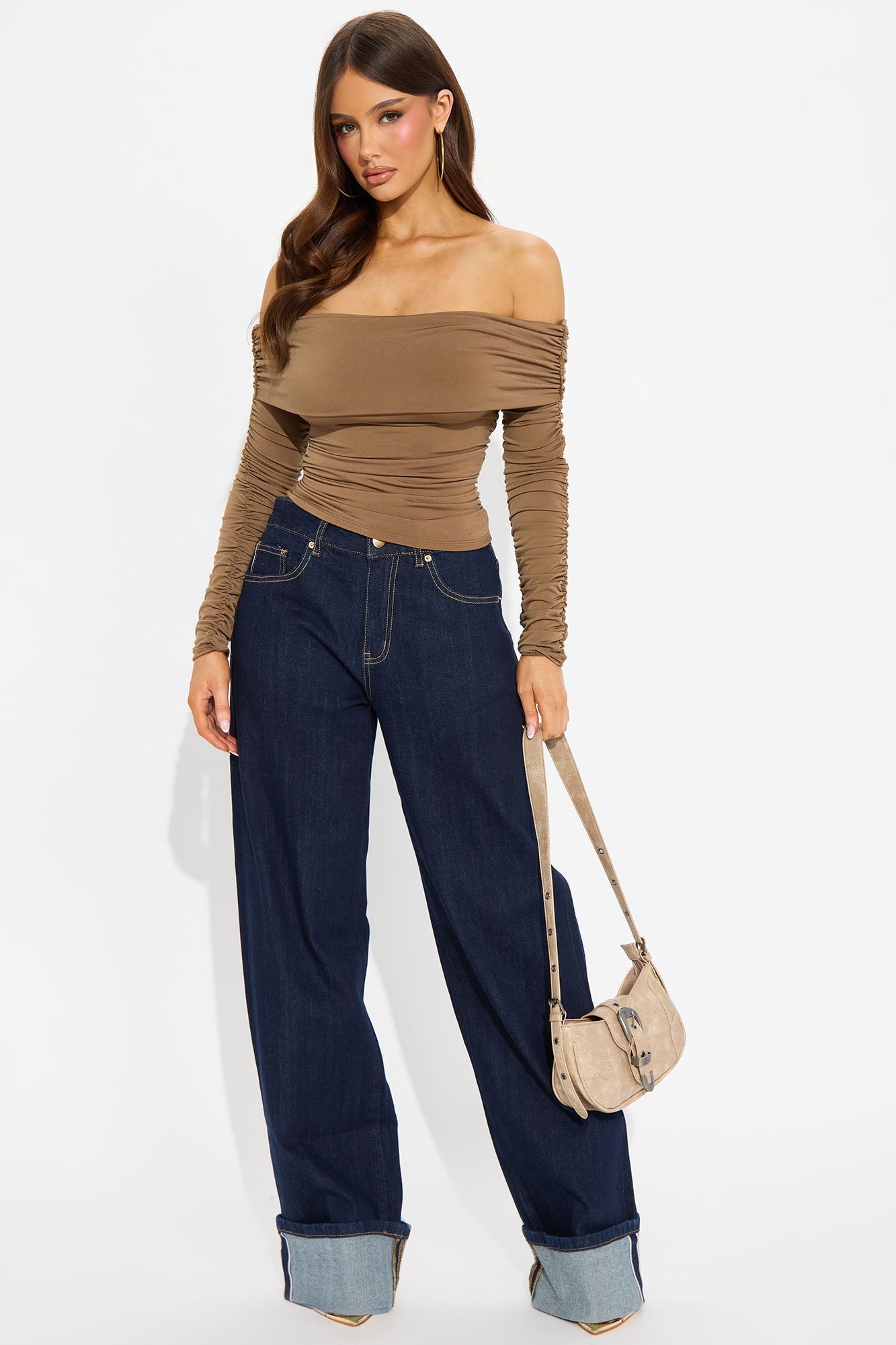 Maggie Long Sleeve Ruched Off Shoulder Top - Mocha