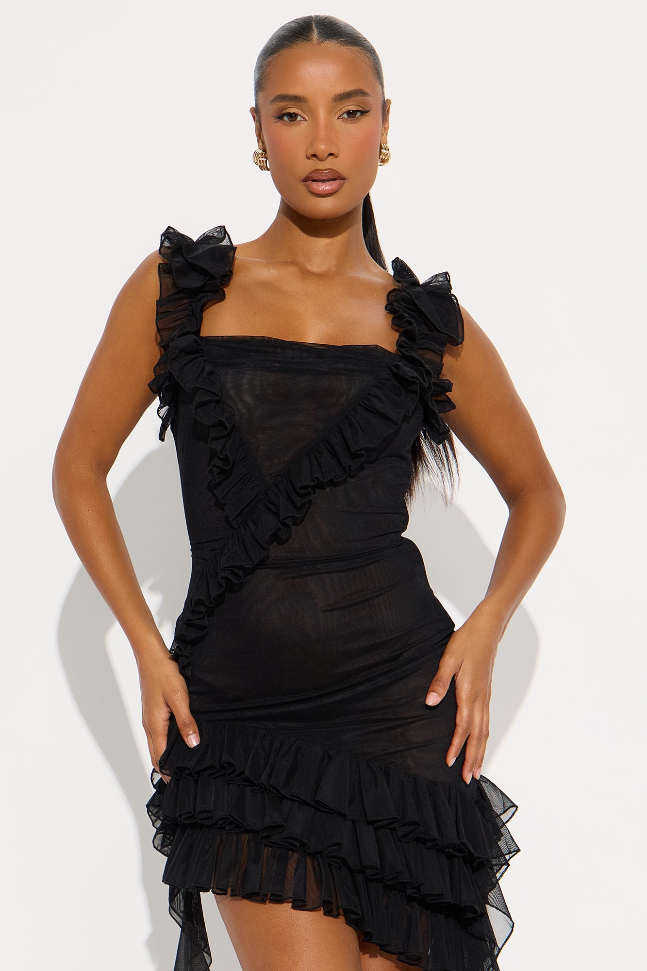 Tall Gabrielle Ruffled Mini Dress - Black