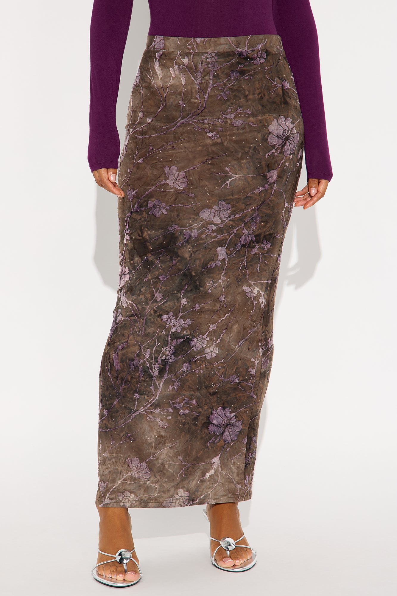 Isabella Floral Shimmer Velvet Maxi Skirt - Grey/combo