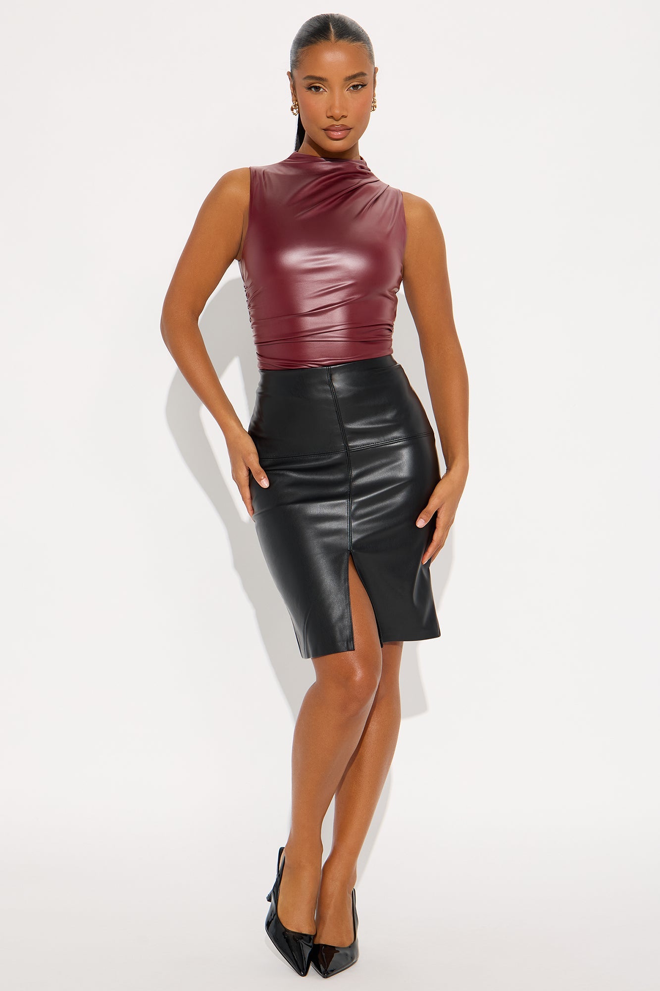 Kendra Faux Leather Midi Pencil Skirt - Black