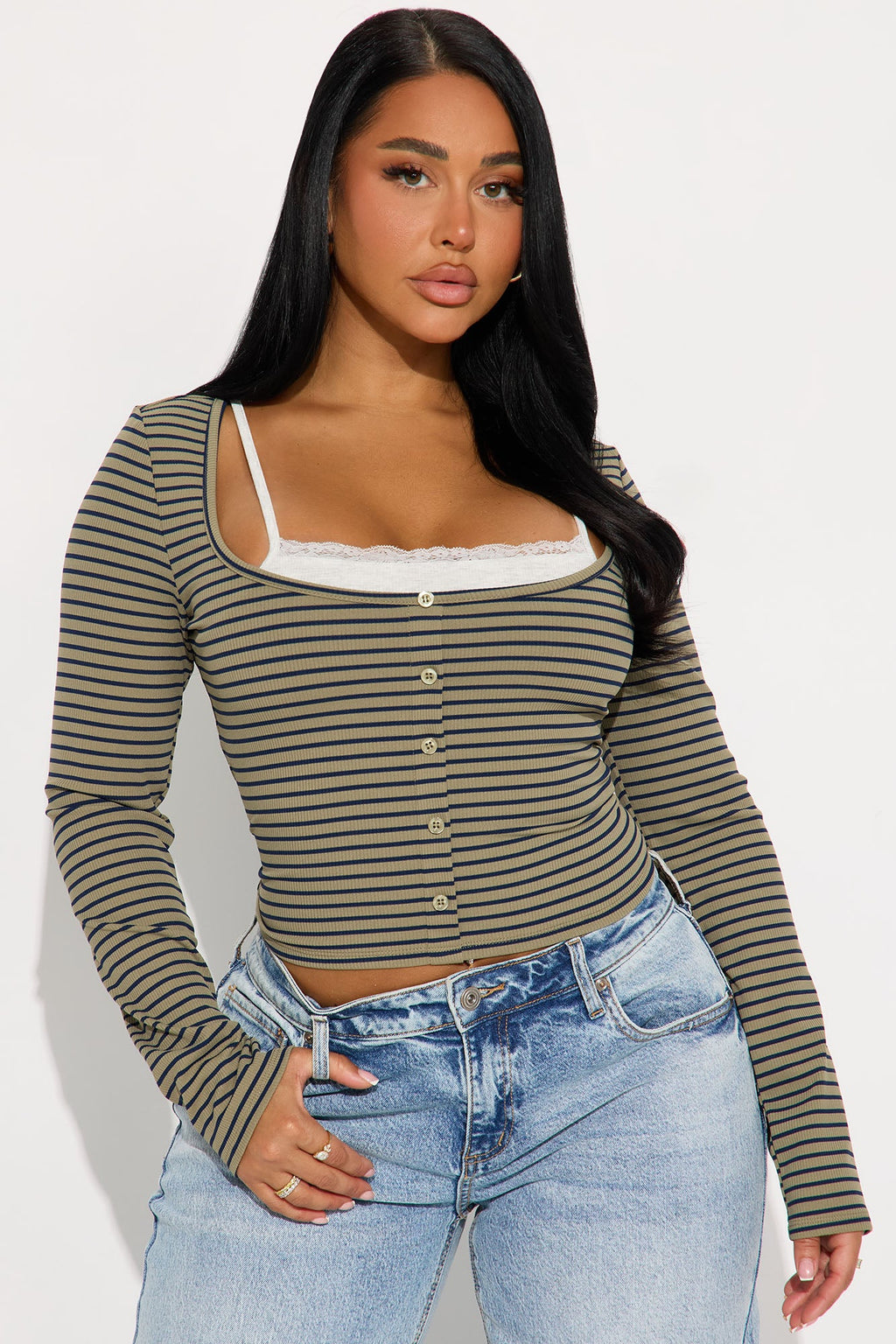 Channa Striped Ribbed Long Sleeve Top - Olive/combo