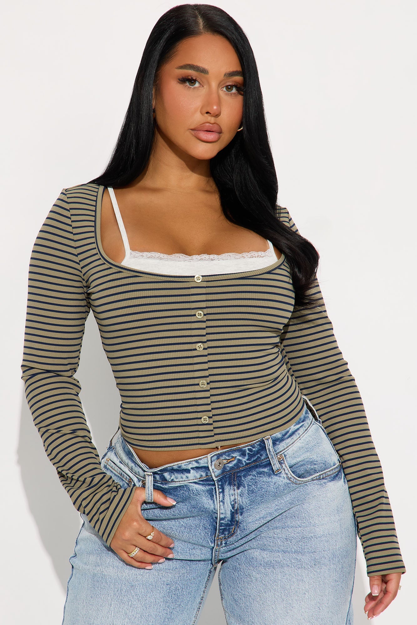 Channa Striped Ribbed Long Sleeve Top - Olive/combo