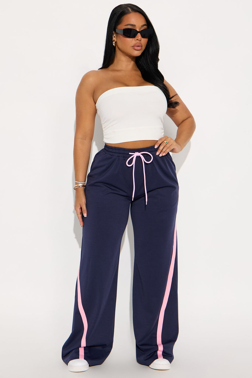Adrienne Wide Leg Fleece Track Pant - Blue/combo