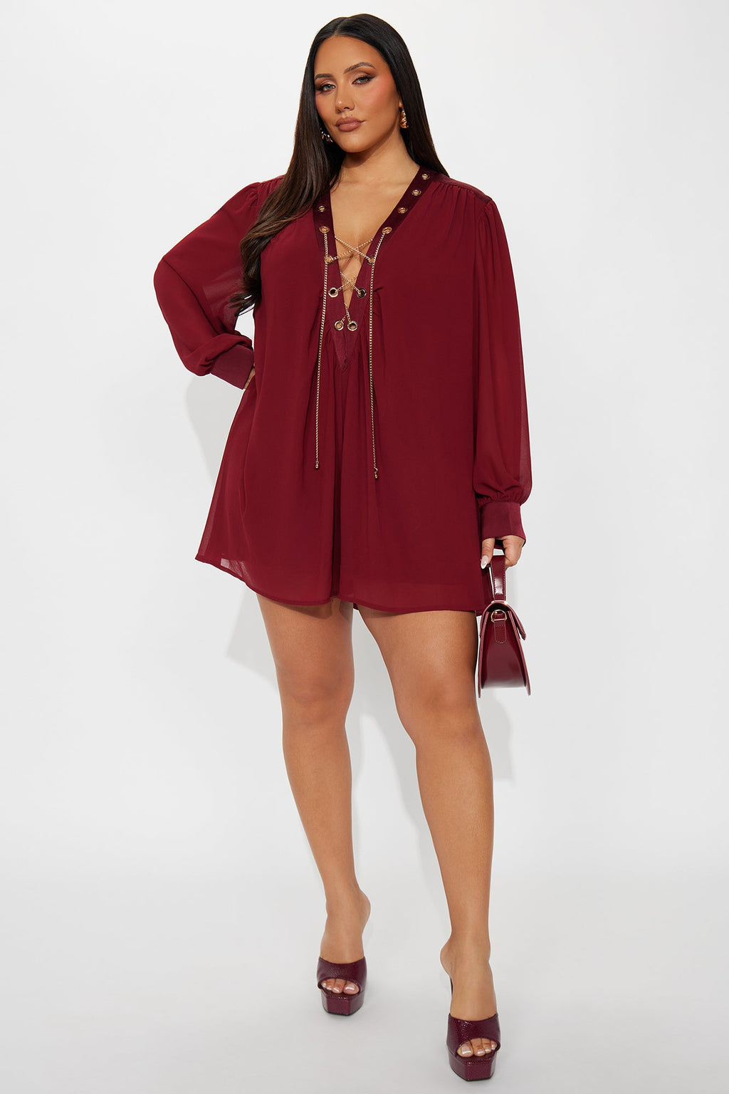 Annice Chiffon Long Sleeve Romper - Burgundy