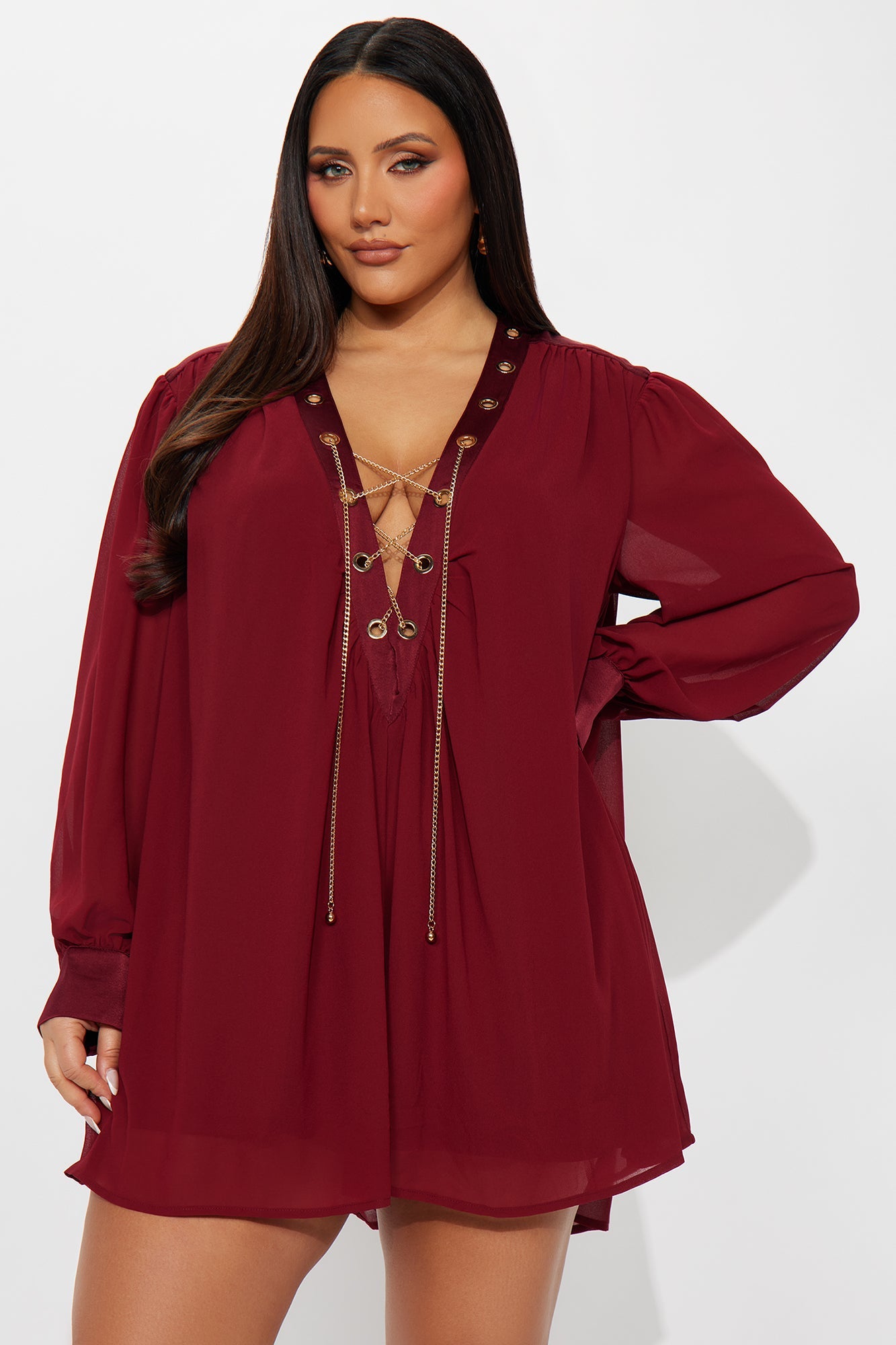Annice Chiffon Long Sleeve Romper - Burgundy