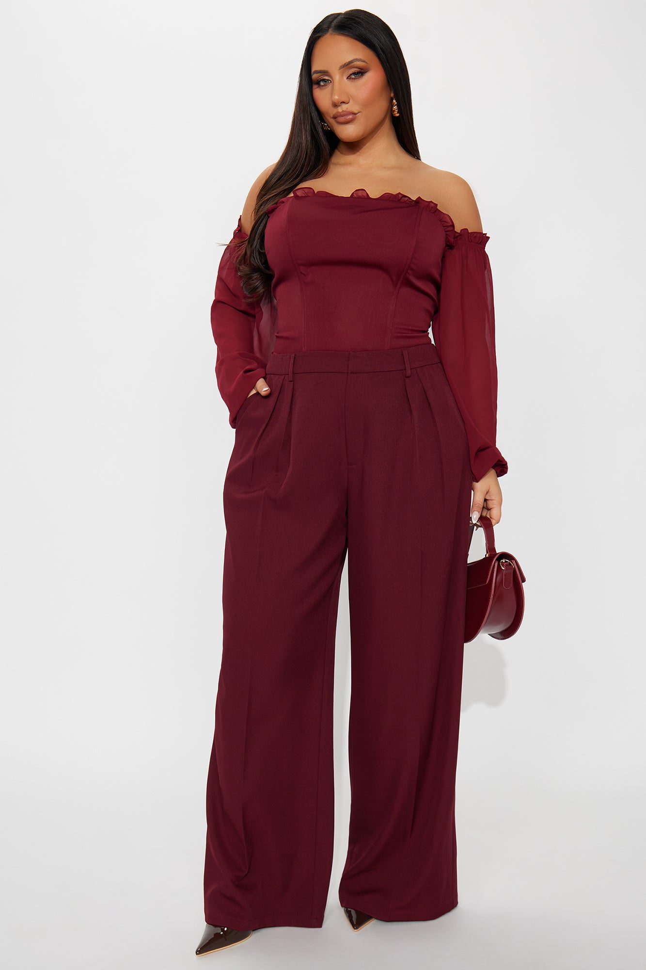 Claudia Belted Straight Leg Trouser Pant 33″ - Wine